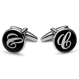Round Silver-tone and Black Initial C Cufflinks