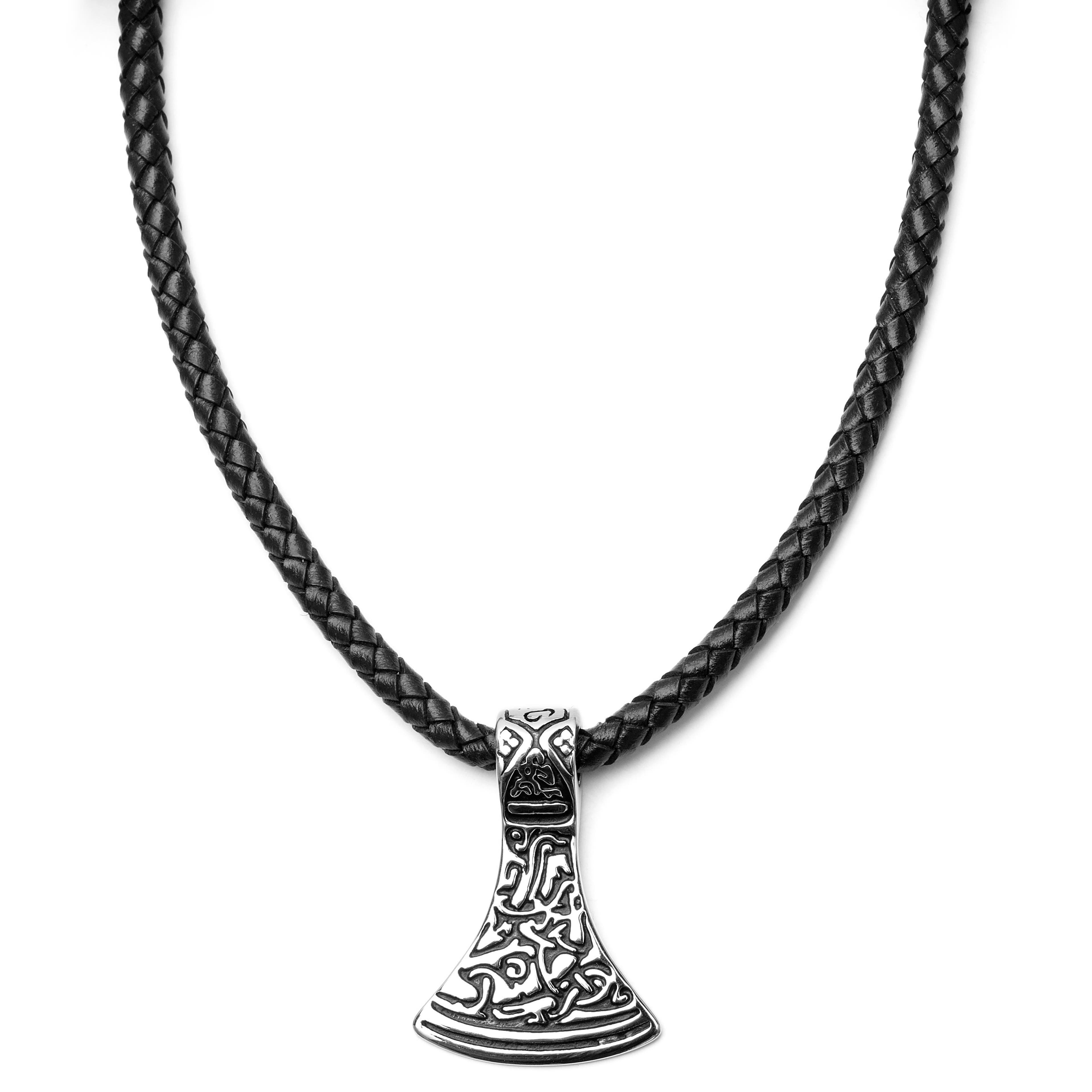 Black Leather With Silver-Tone Stainless Steel Norse Axe Necklace