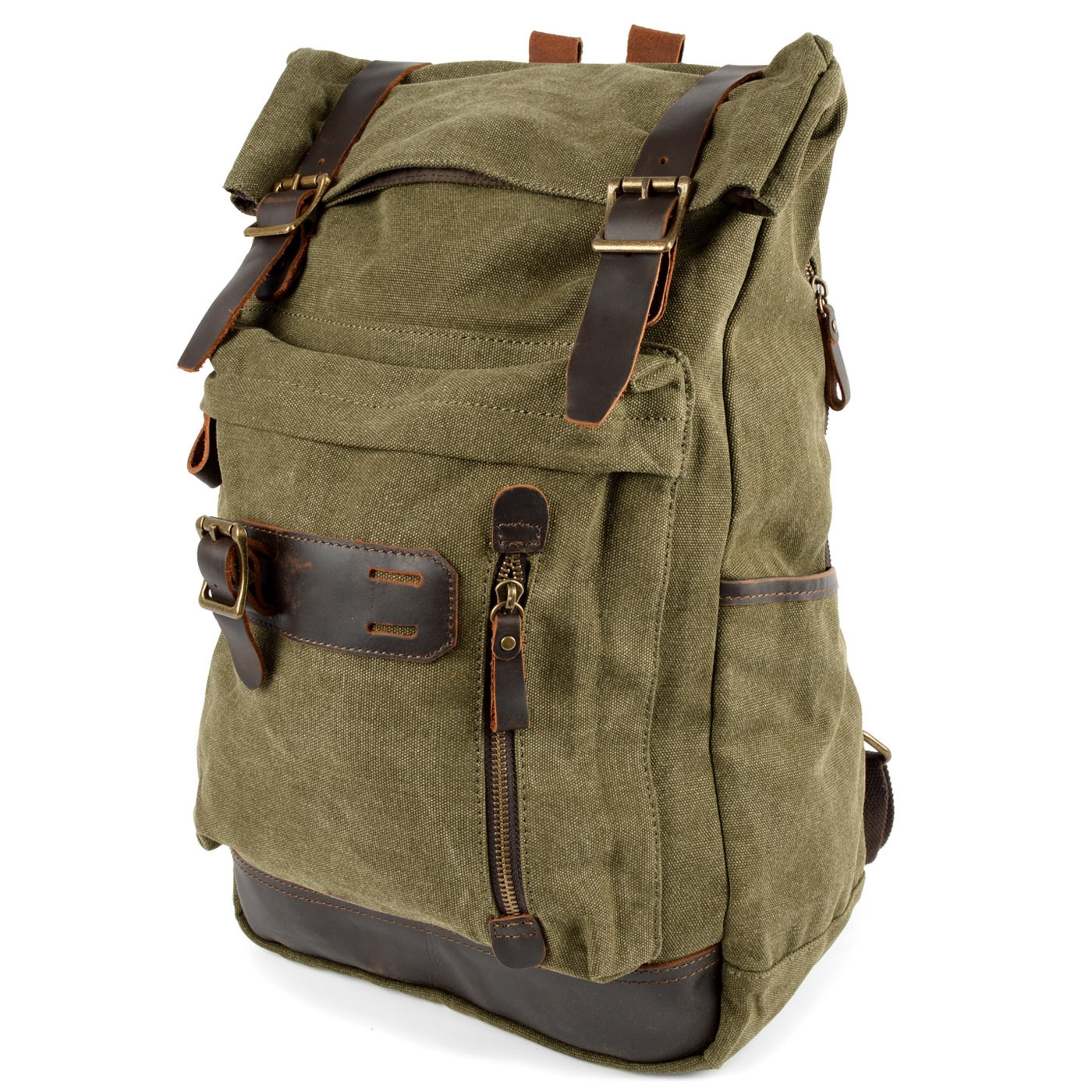 Rugged Vintage-Style Army Green Canvas & Leather Backpack
