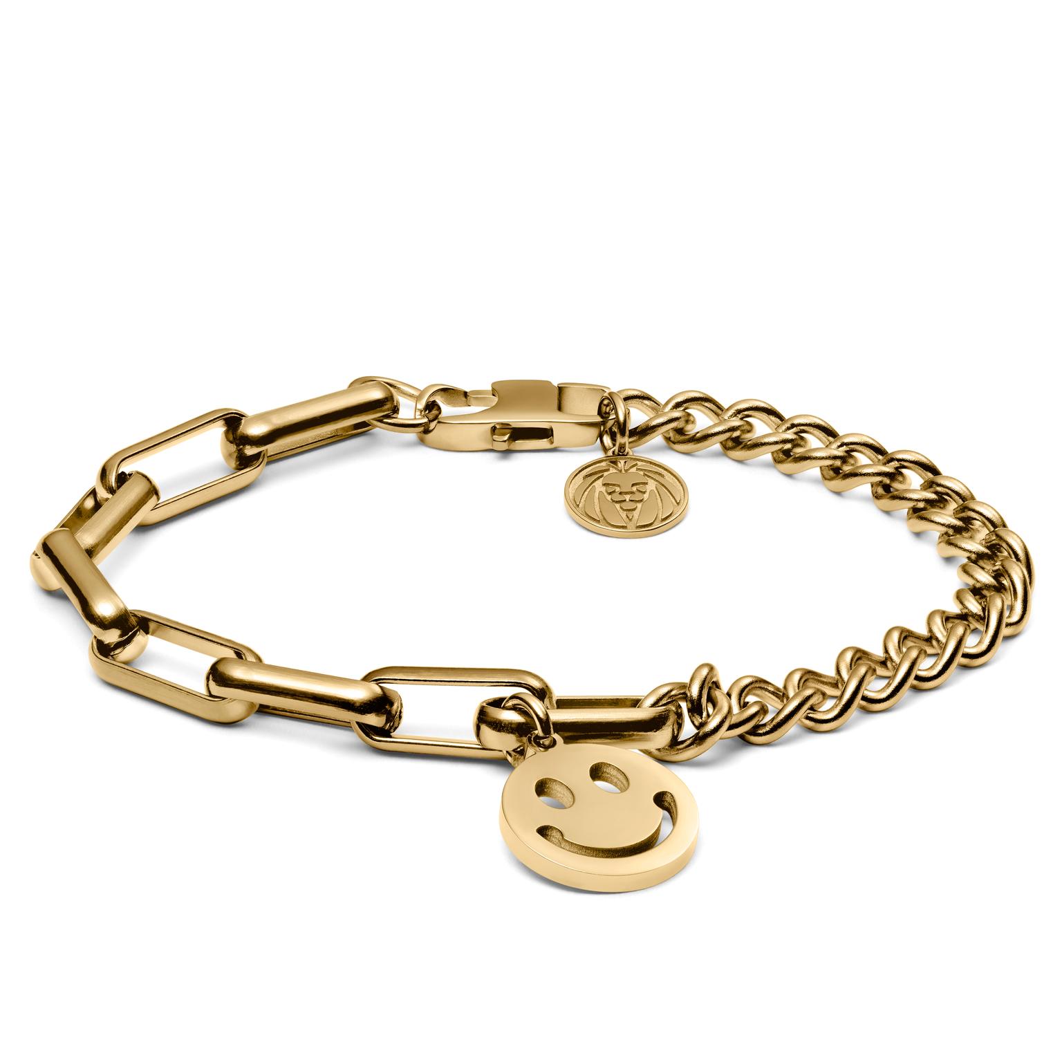 Pulsera de cadena barbada y forzada con colgante de Smiley dorada Amager Clarke Pulsera de cadena barbada y forzada con colgante de Smiley dorada Amager Clarke