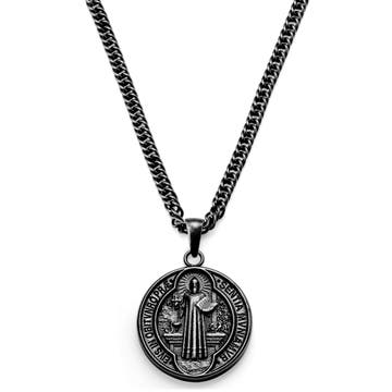 Sanctus | Vintage Silver-Tone Stainless Steel St. Benedict Medal Wheat Chain Necklace