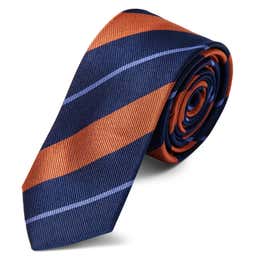 Cravate en soie à rayures bleu marine, orange et bleu pastel - 6cm