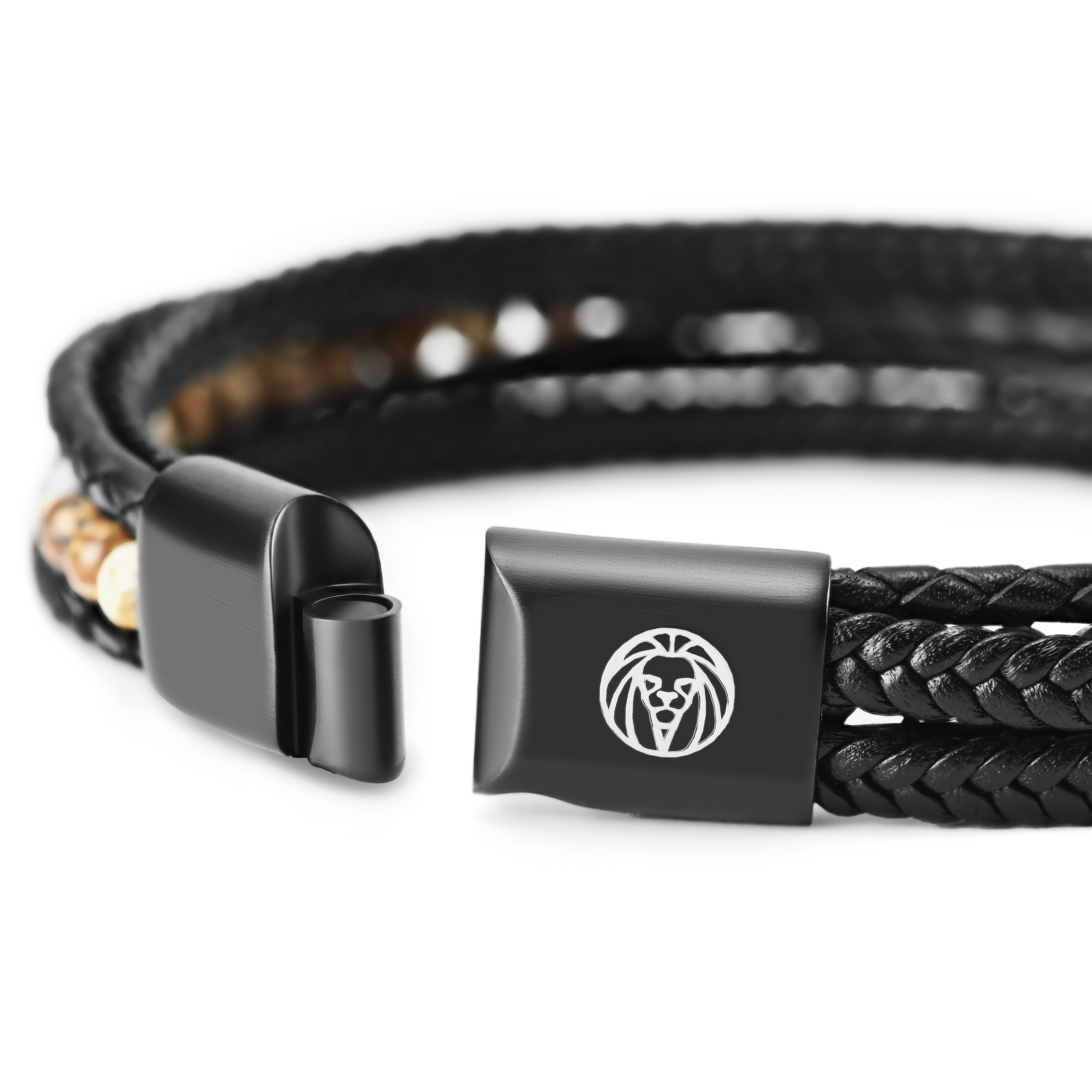 Naxos | Black Braided Leather & Jasper Bead Bracelet - 6