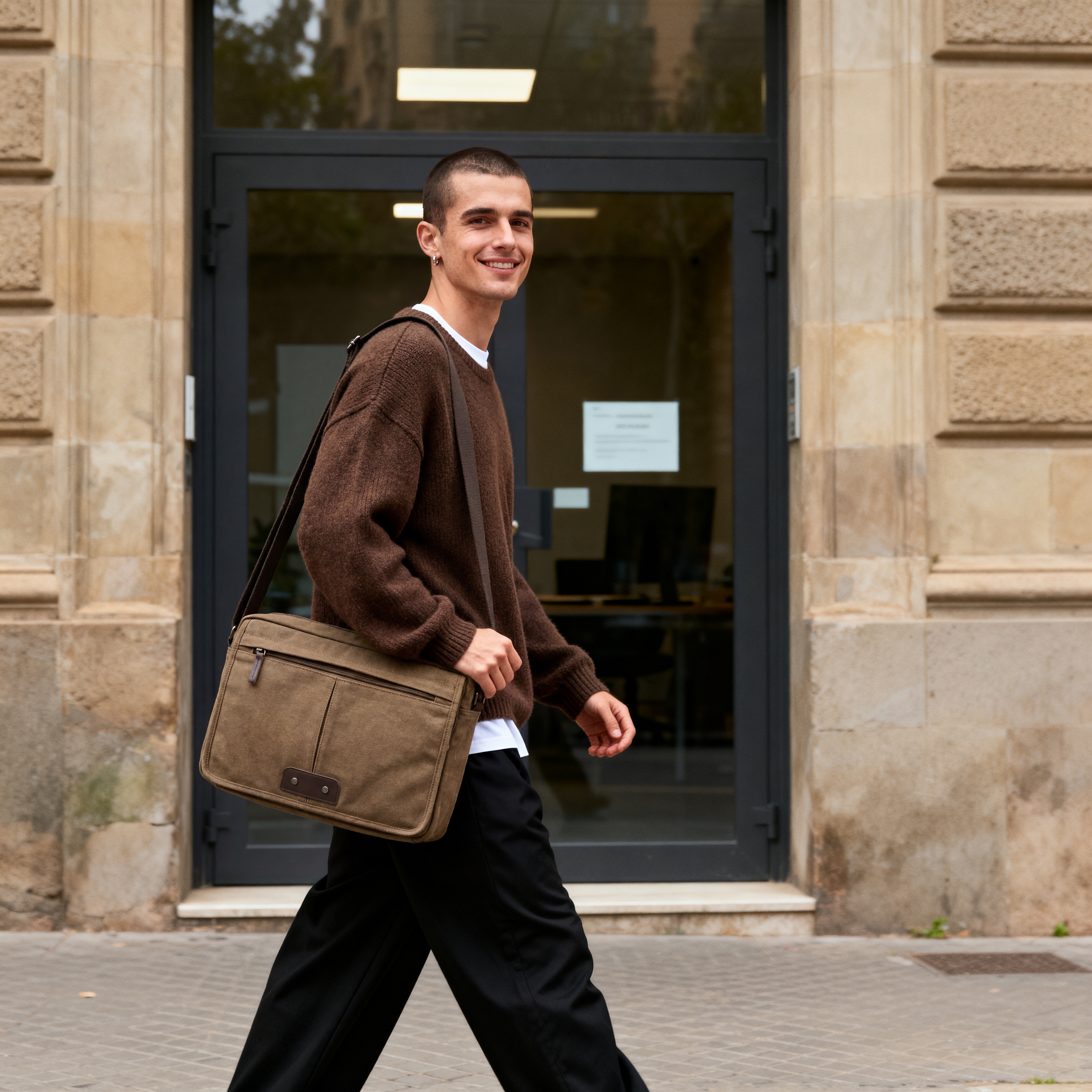 Vintage Karamel Brunt Canvas & Brunt Læder Skuldertaske - 3