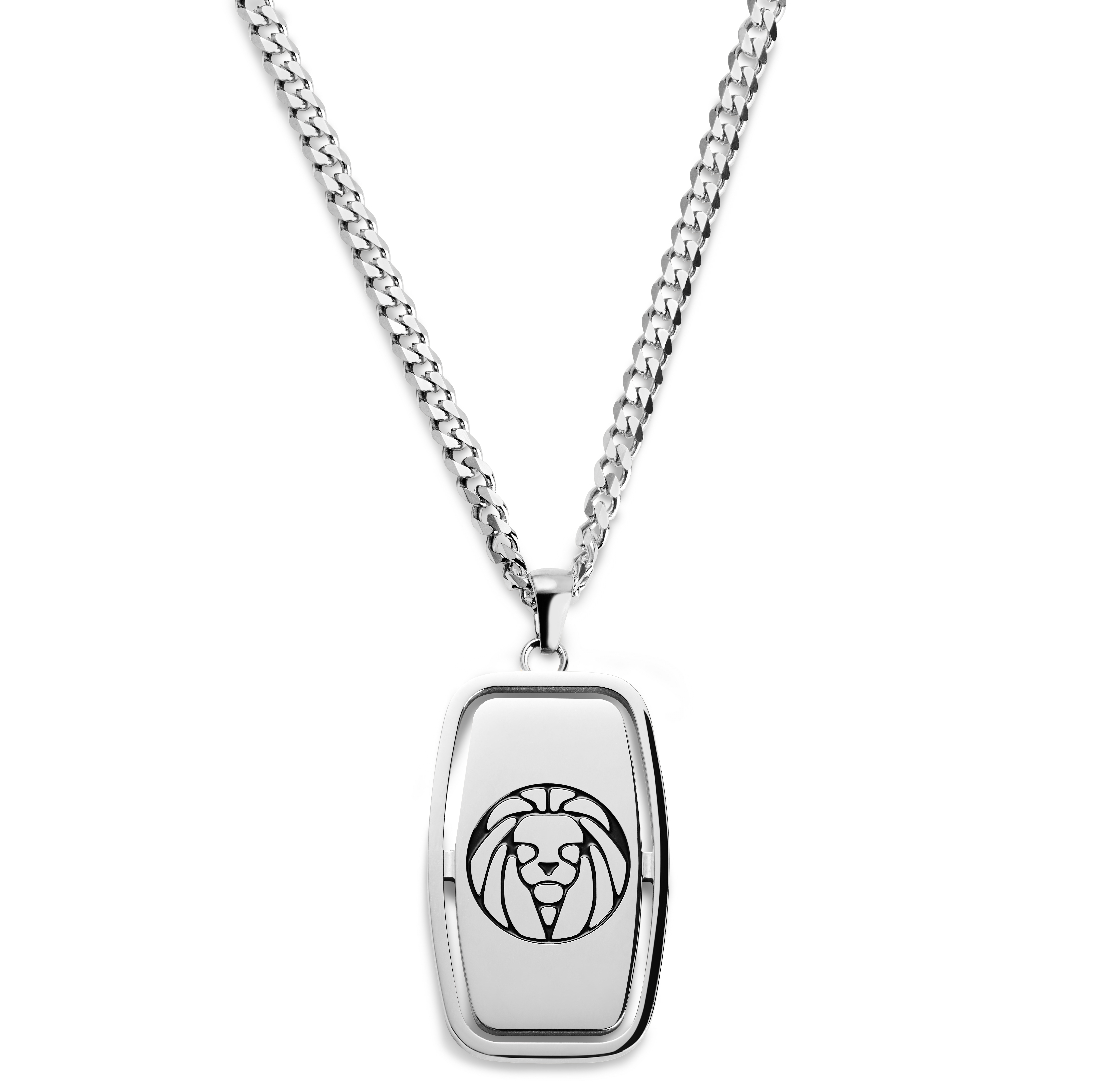 Icarus Silver Tone Stainless Steel Dog Tag With Lucleon Logo Box Curb Chain Necklace In stock Lucleon