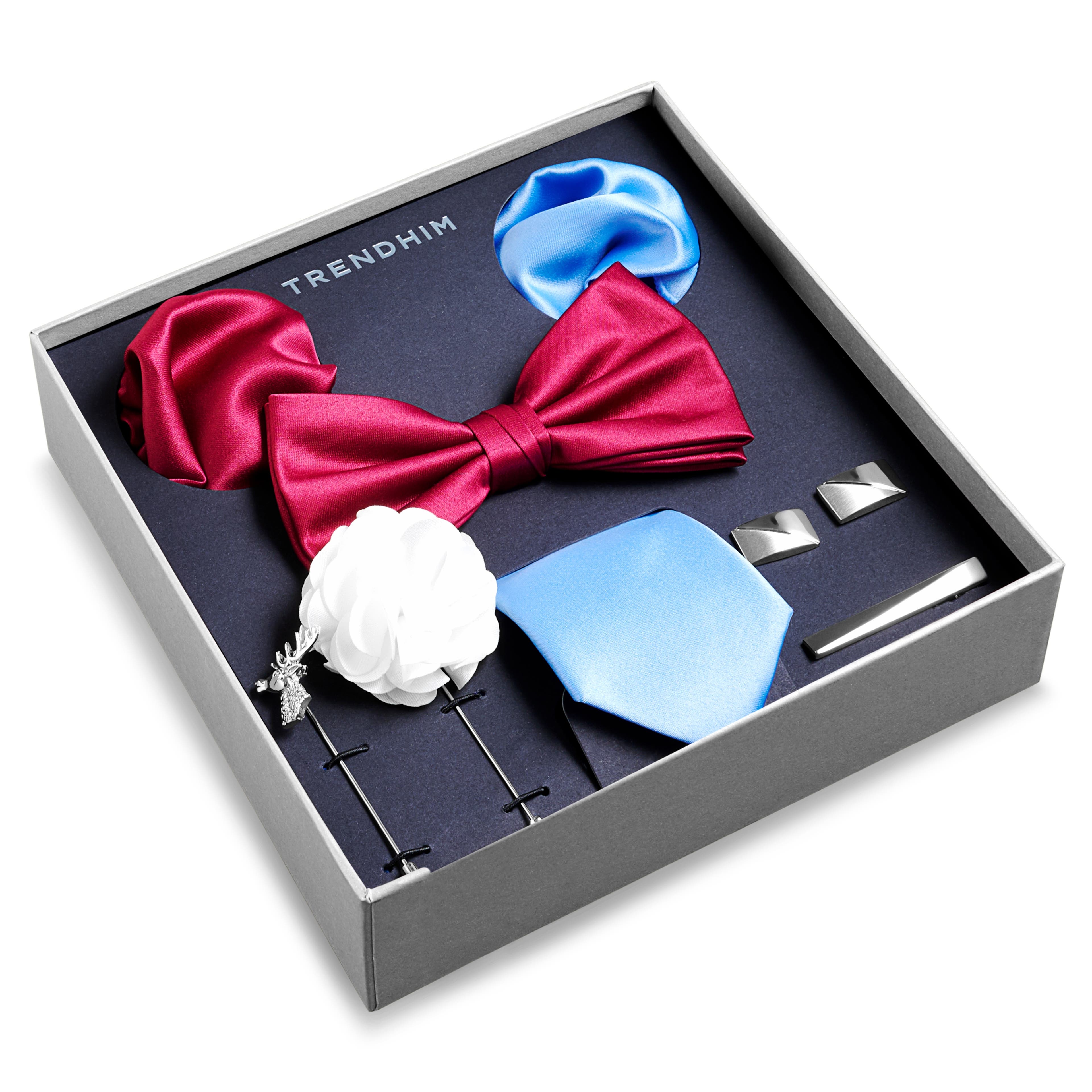 Подаръчна кутия с аксесоари за костюм | Комплект в бургунди, синьо и сребристо