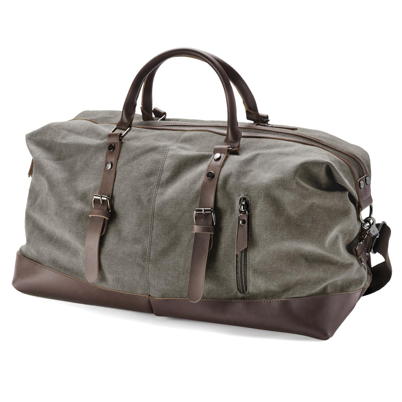 Bolso de viaje de lona gris metalizado y cuero marrón Bolso de viaje de lona gris metalizado y cuero marrón