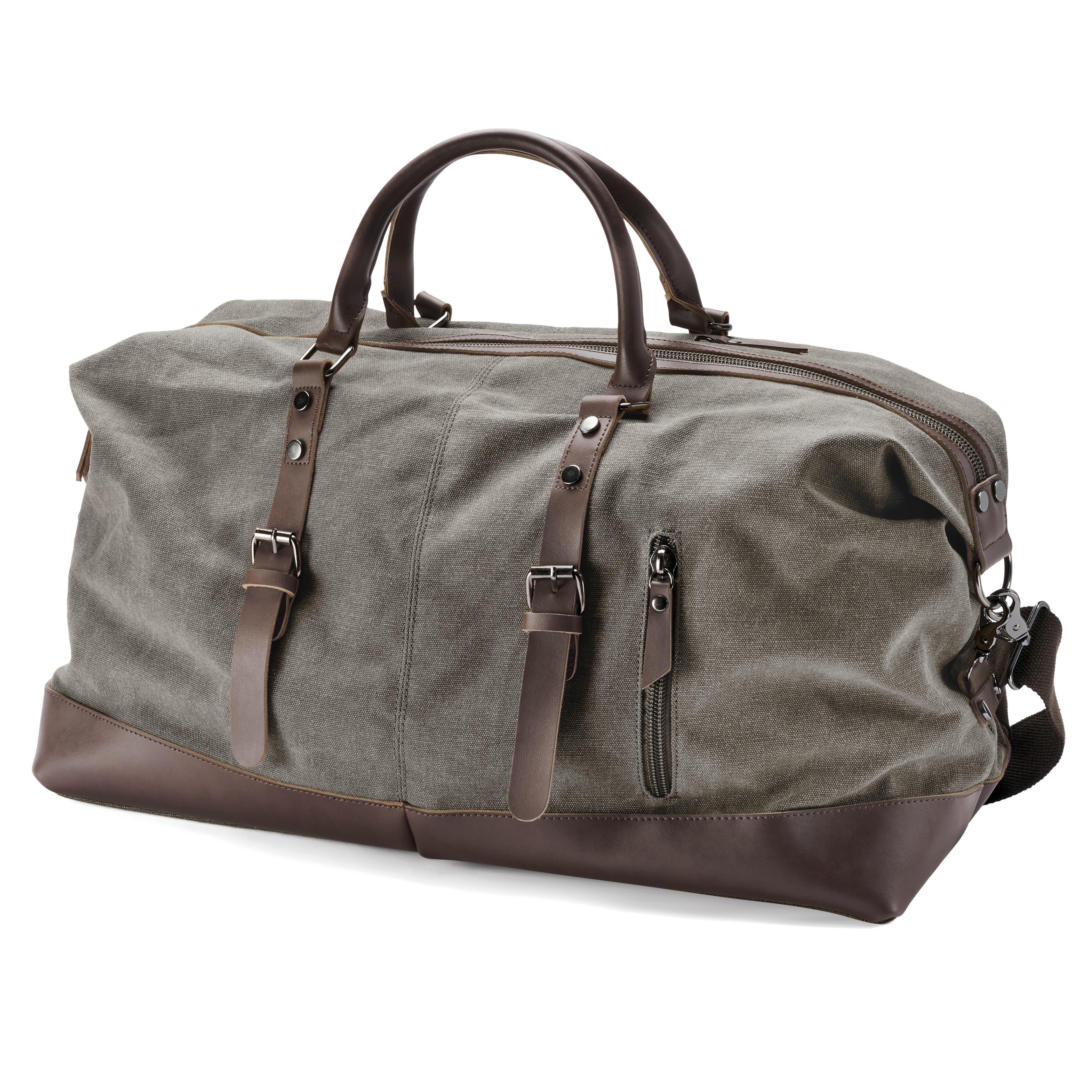 Metallic Grey Canvas & Brown Leather Duffel Bag Metallic Grey Canvas & Brown Leather Duffel Bag