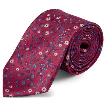 Boho | Cherry Red & Light Blue Floral Pattern Silk Tie