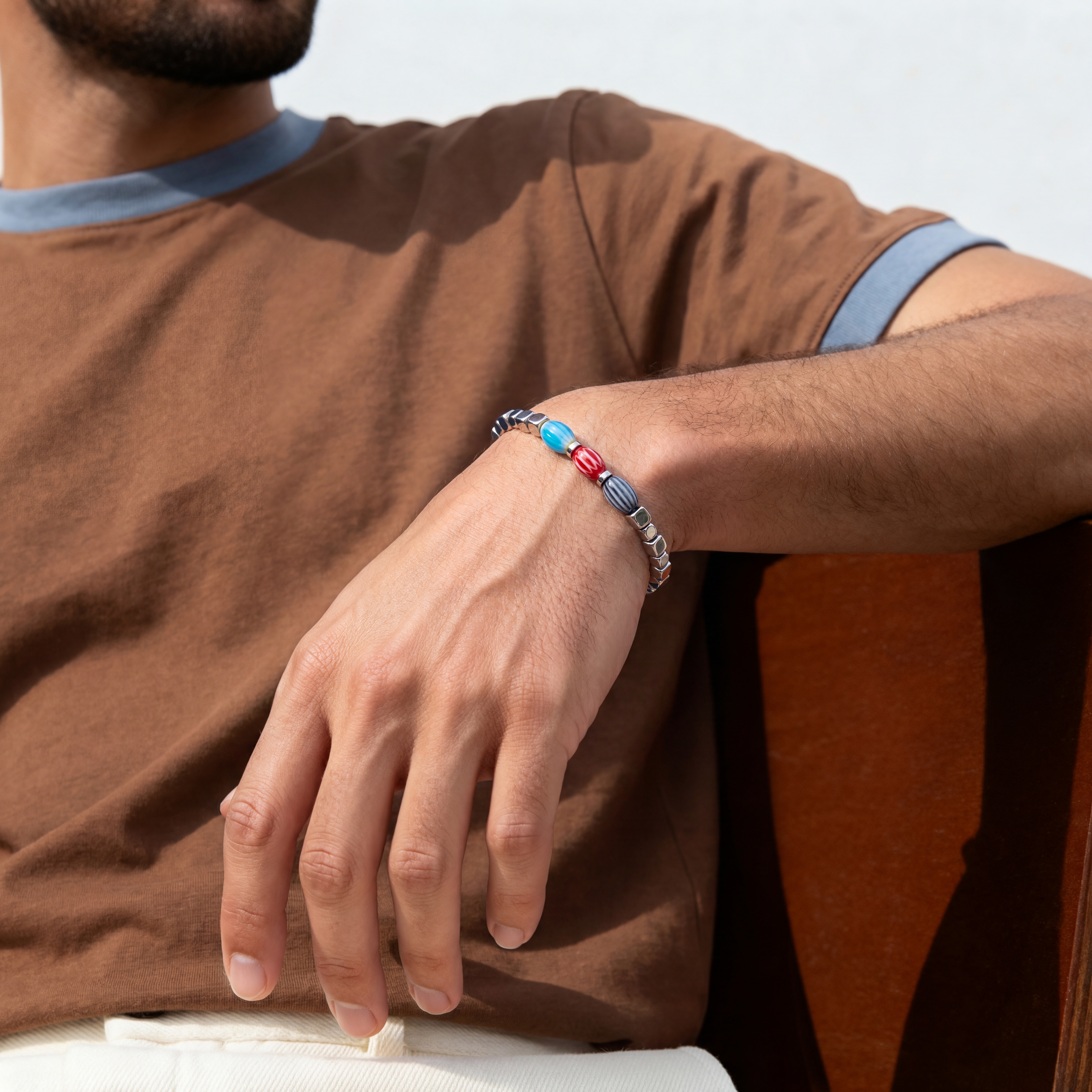 Pearlmania | Cubes Spectrum Tricolore Glass Bead & Stainless Steel Bracelet - 4