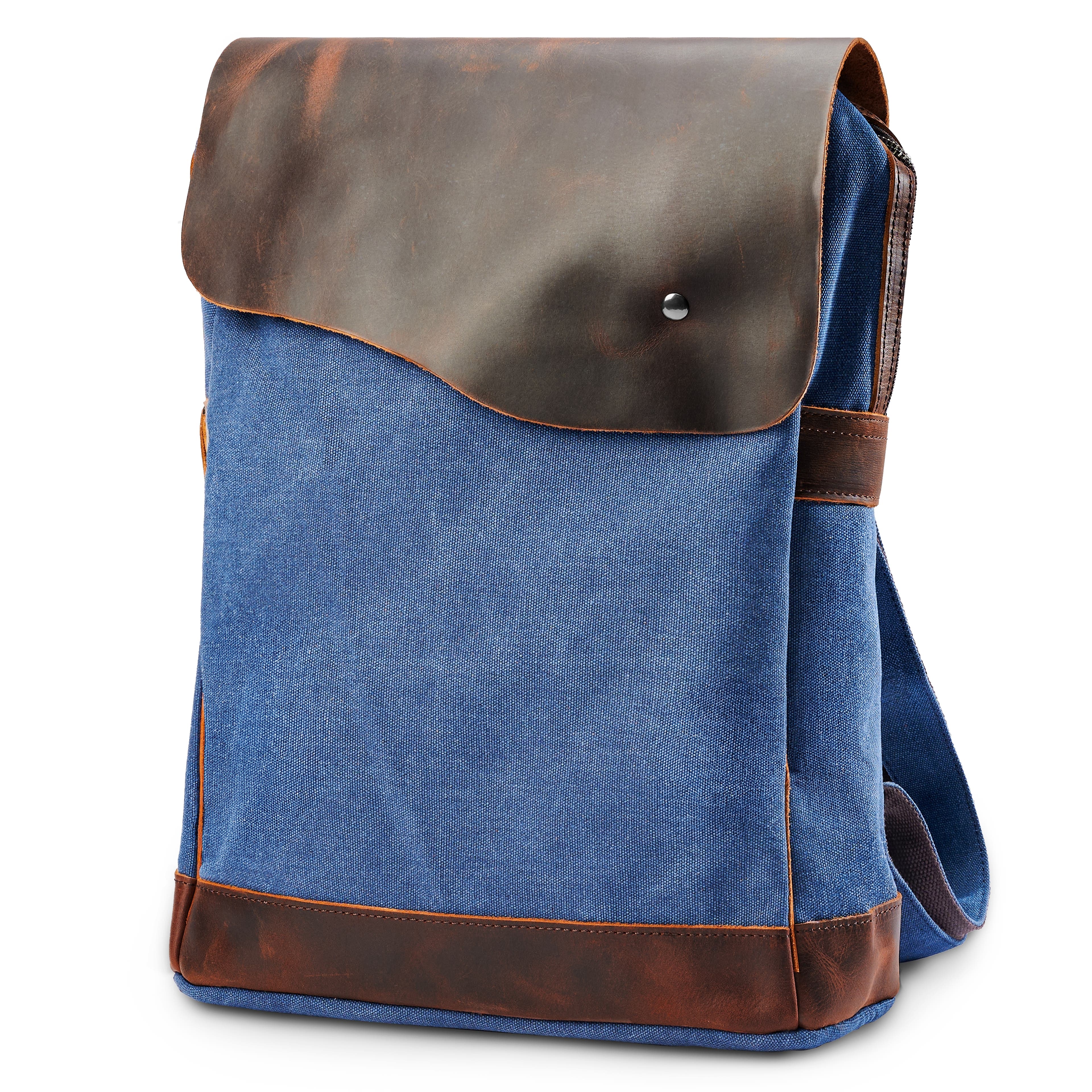 Retro Navy Blue Canvas & Dark Leather Backpack