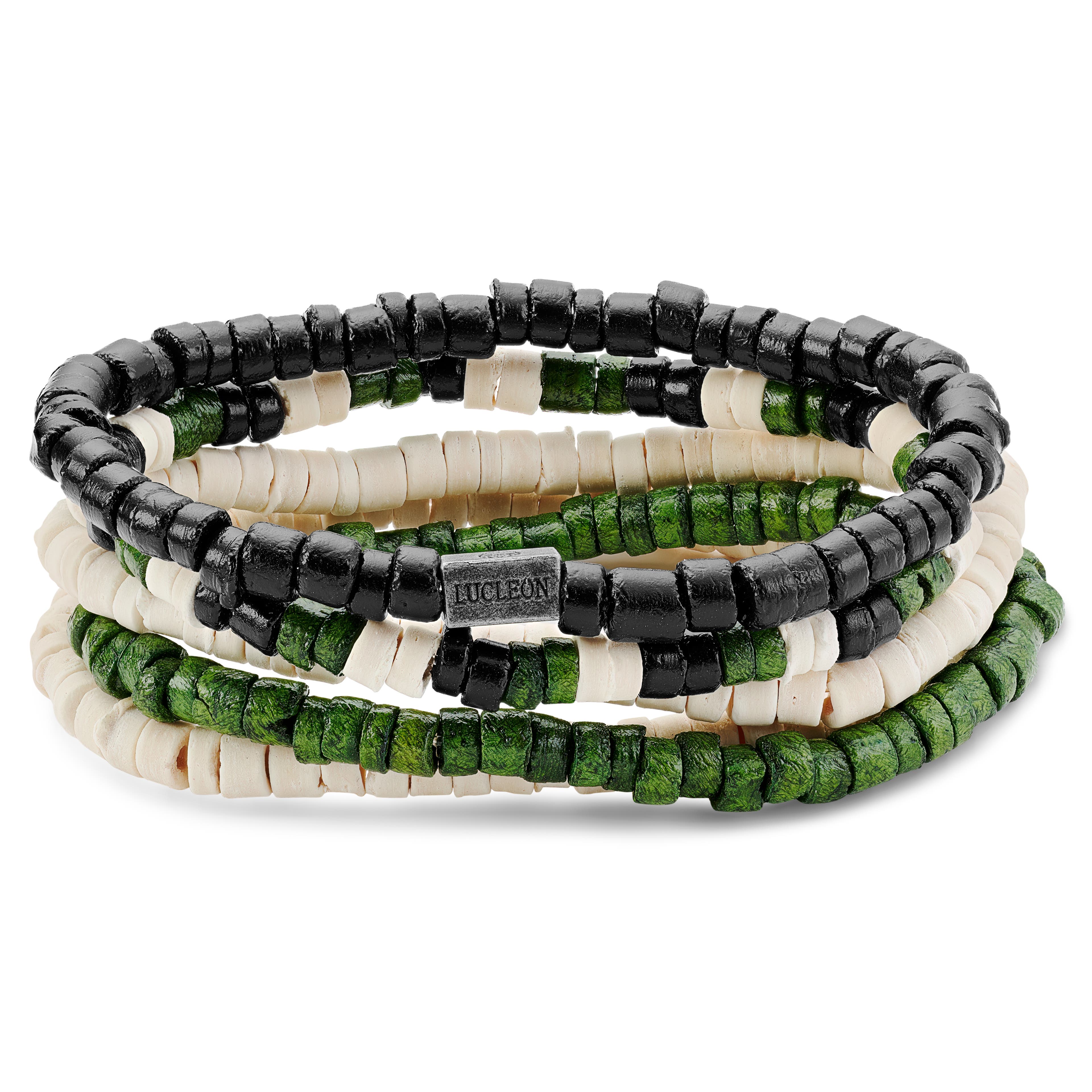 Black, Green & Natural-Tone Coconut Bead Surfer Bracelet Set