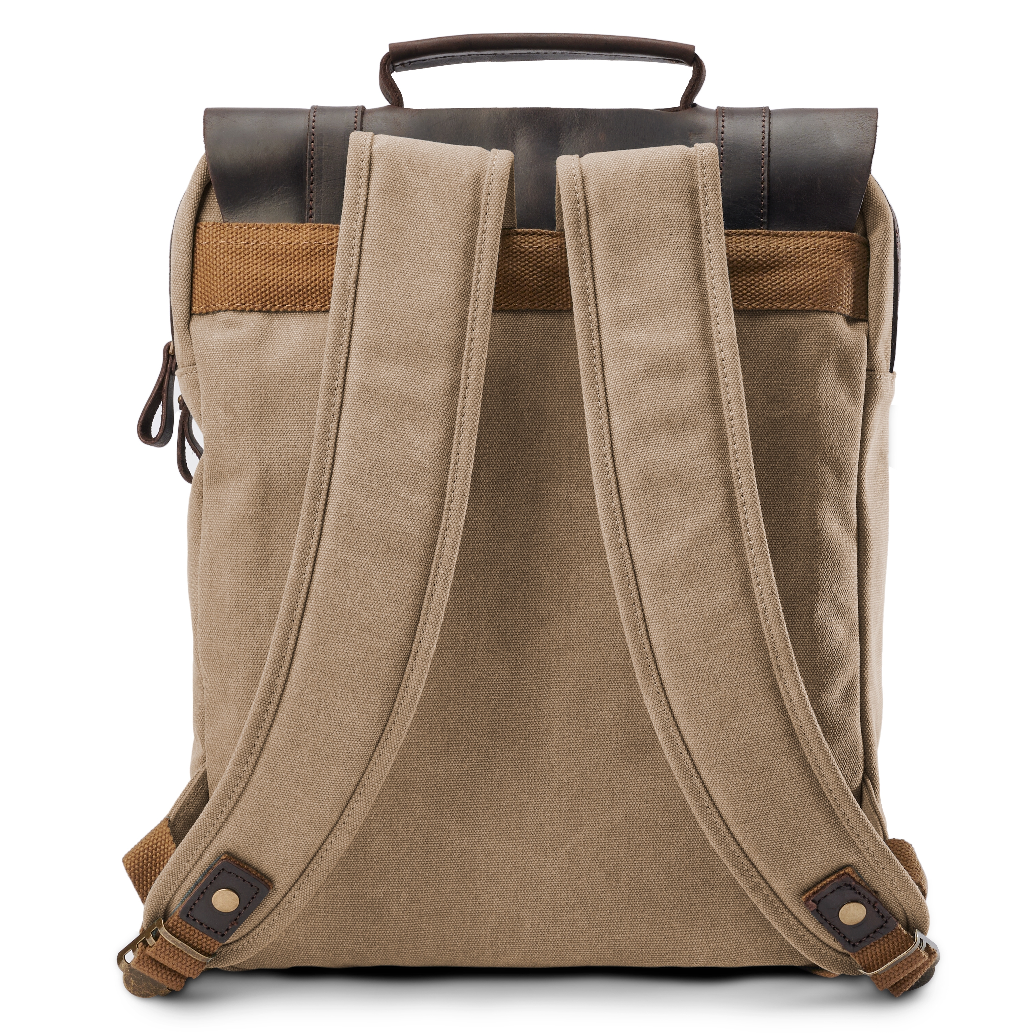 Vintage-Style Tan Canvas & Dark Leather Backpack - 5