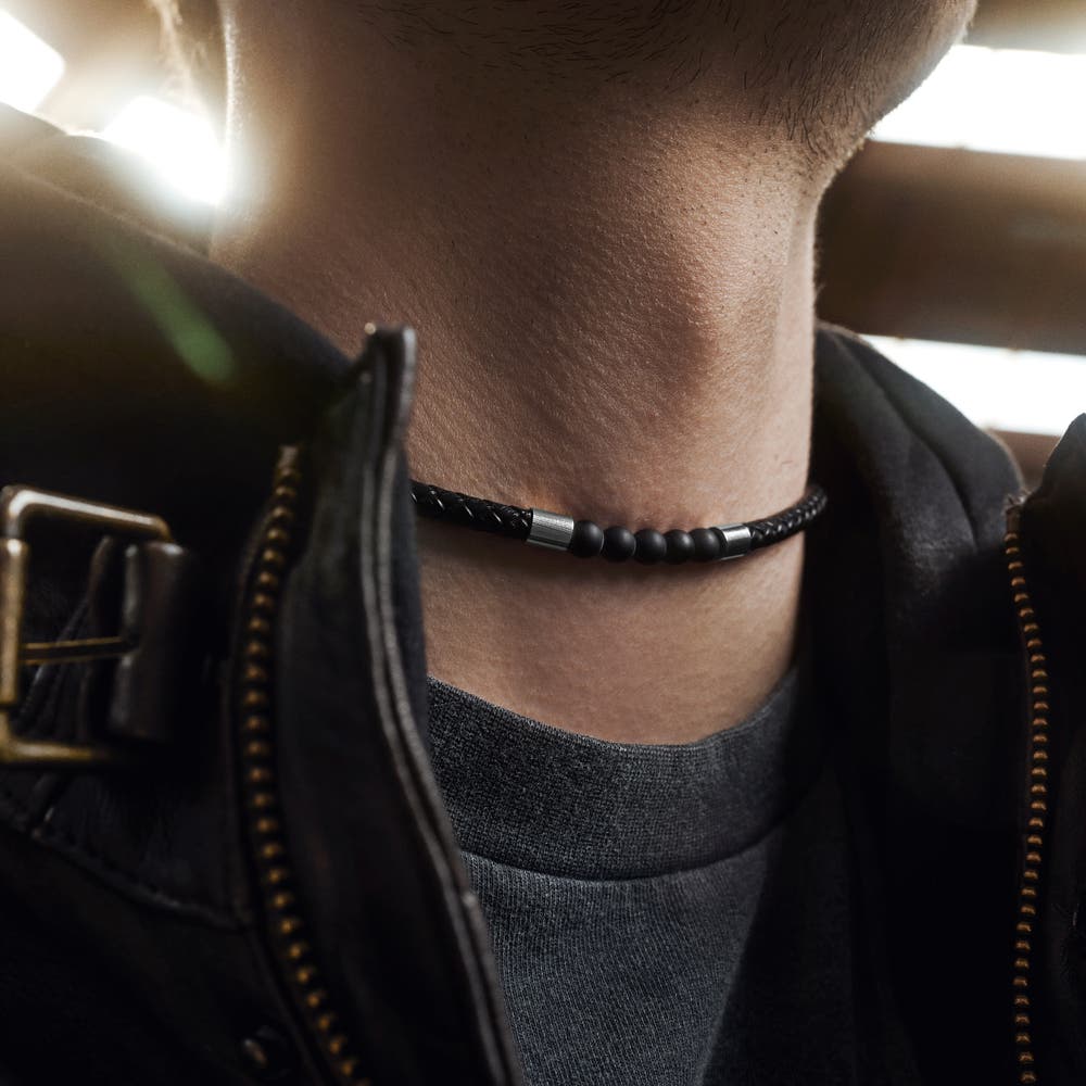 hover: Tenvis | 5 mm Silver-tone Onyx Leather Necklace hover: Tenvis | 5 mm Silver-tone Onyx Leather Necklace