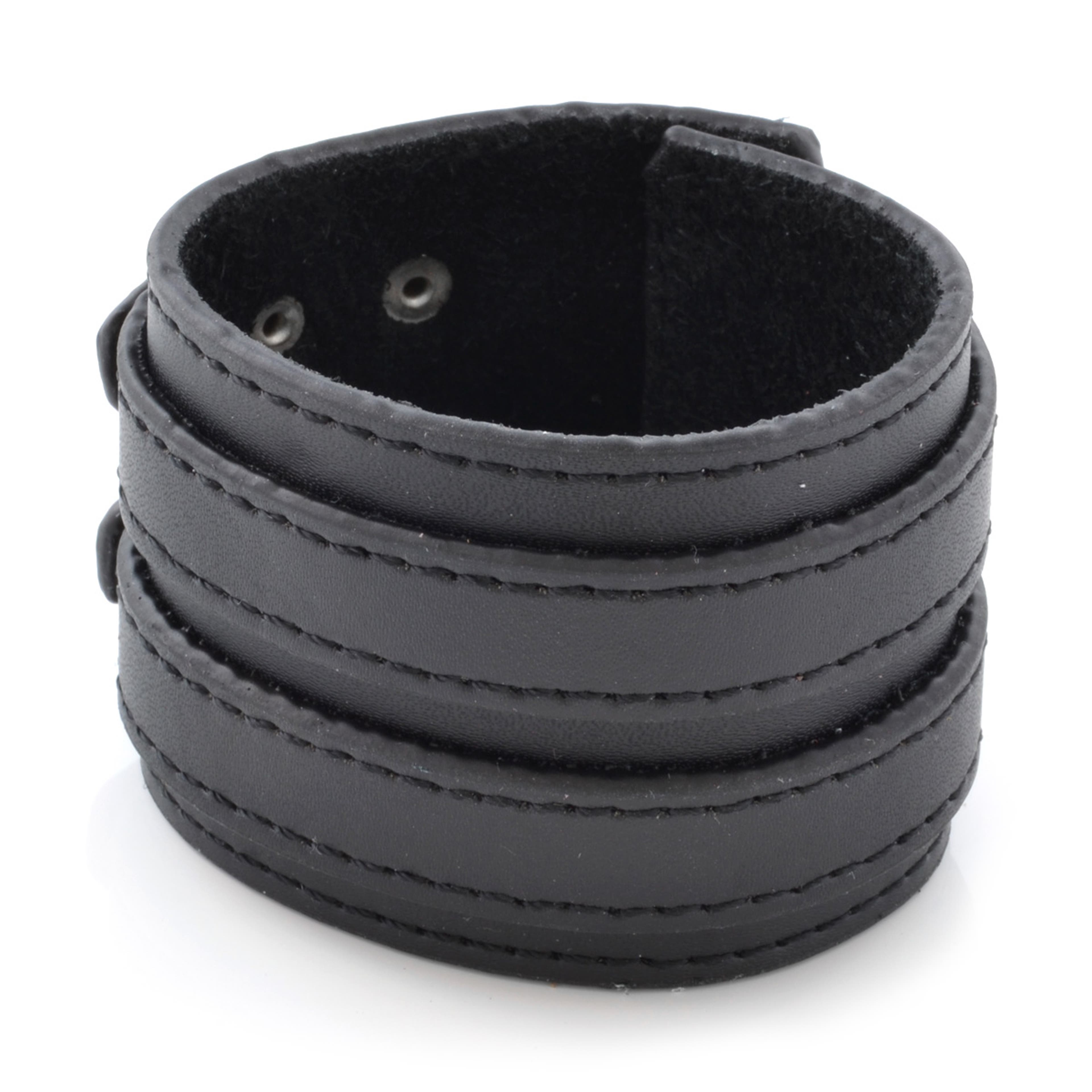 Simple Black Double Locked Leather Cuff Bracelet