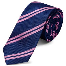 Corbata de 6 cm de seda azul marino con rayas dobles rosas