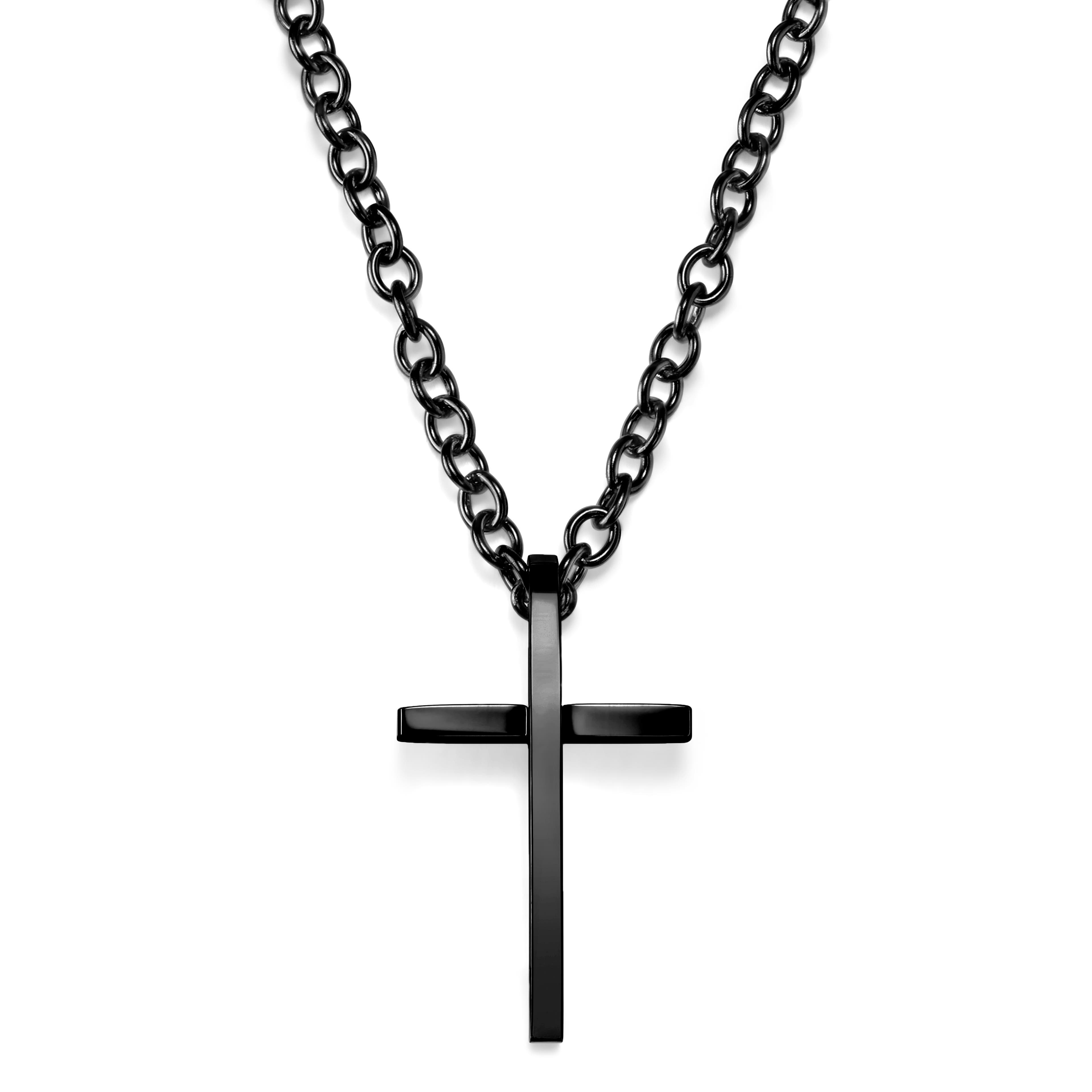 Collier à pendentif croix latine en acier noir poli
