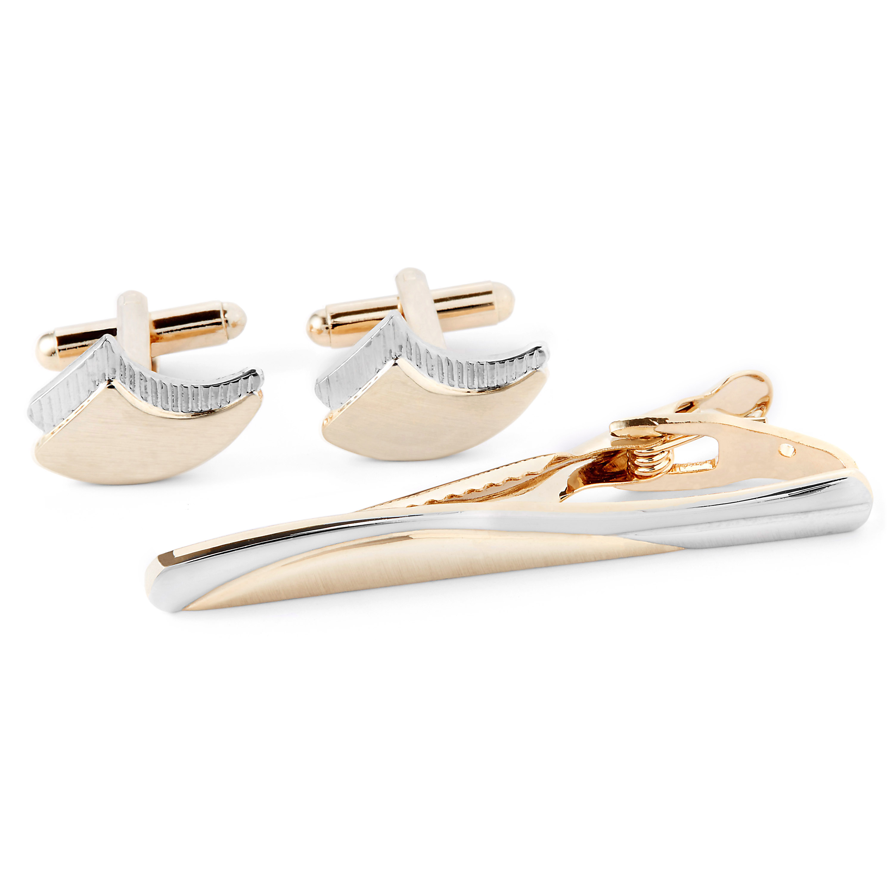 Wellenförmiges Manschettenknöpfe Und Krawattenklammer Set In Gold & Silber - 1