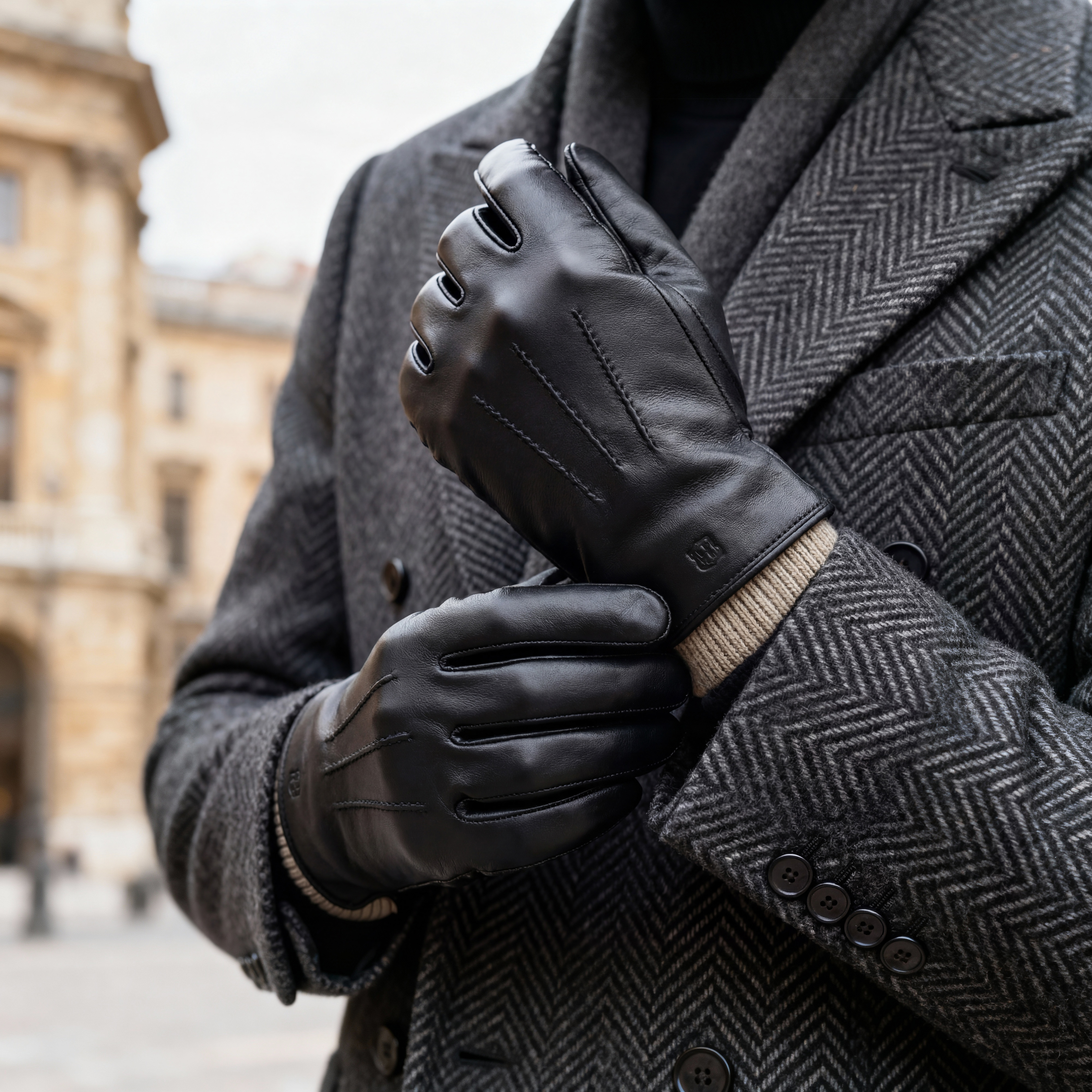 Sweater Cuffed Black Touchscreen Compatible Sheep Leather Gloves - 2