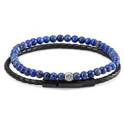 Black Leather & Marine Blue Stone Bracelet Set