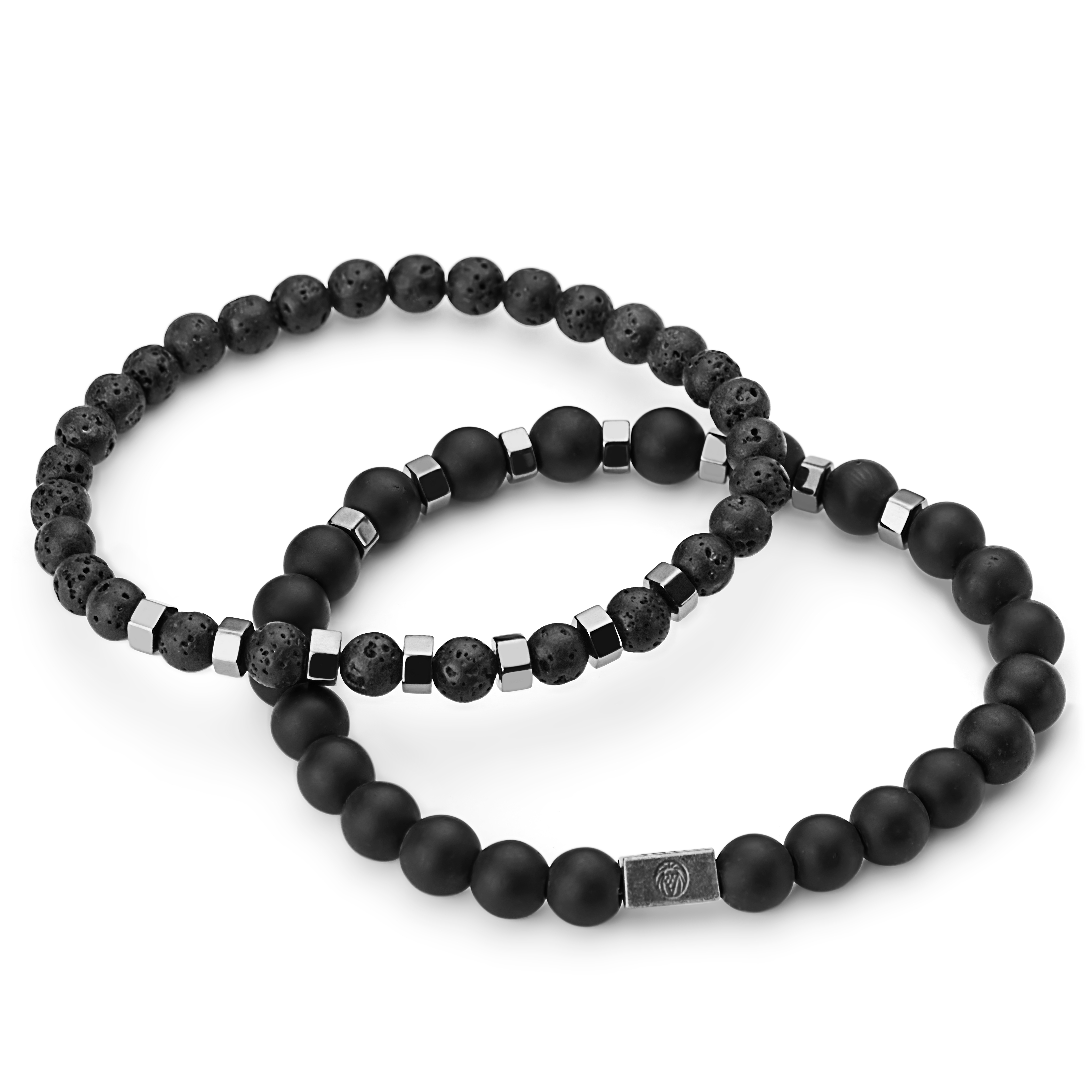 Black Onyx, Lava Rock & Hematite Bead Bracelet Set - 2