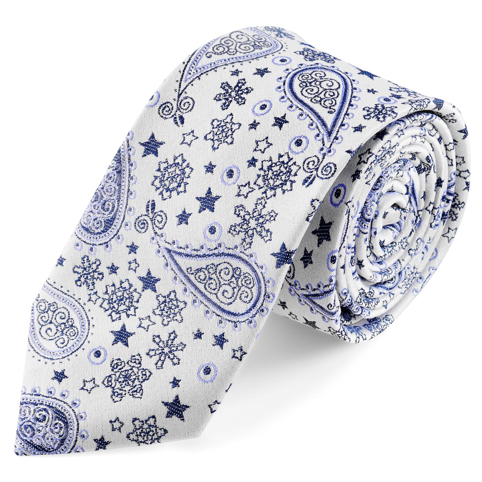 Cravatta di seta bianca e blu con motivo paisley | 6 cm Cravatta di seta bianca e blu con motivo paisley | 6 cm