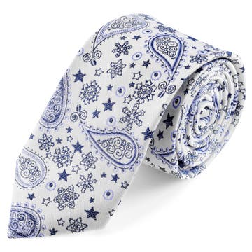 Fehér és kék paisley mintás selyem nyakkendő | 6 cm Fehér és kék paisley mintás selyem nyakkendő | 6 cm
