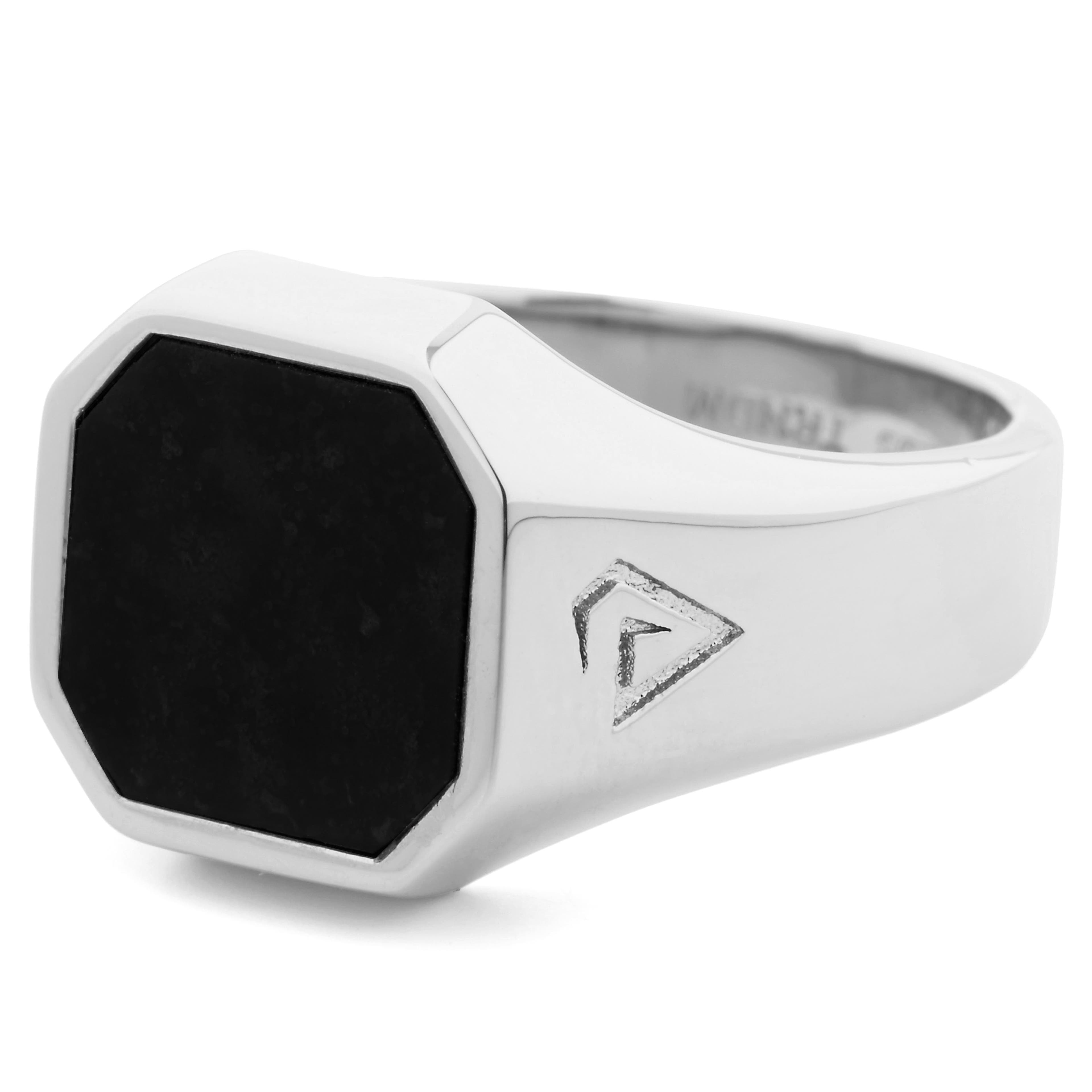 925 Sterling Silver With Octagon Black Onyx Signet Ring