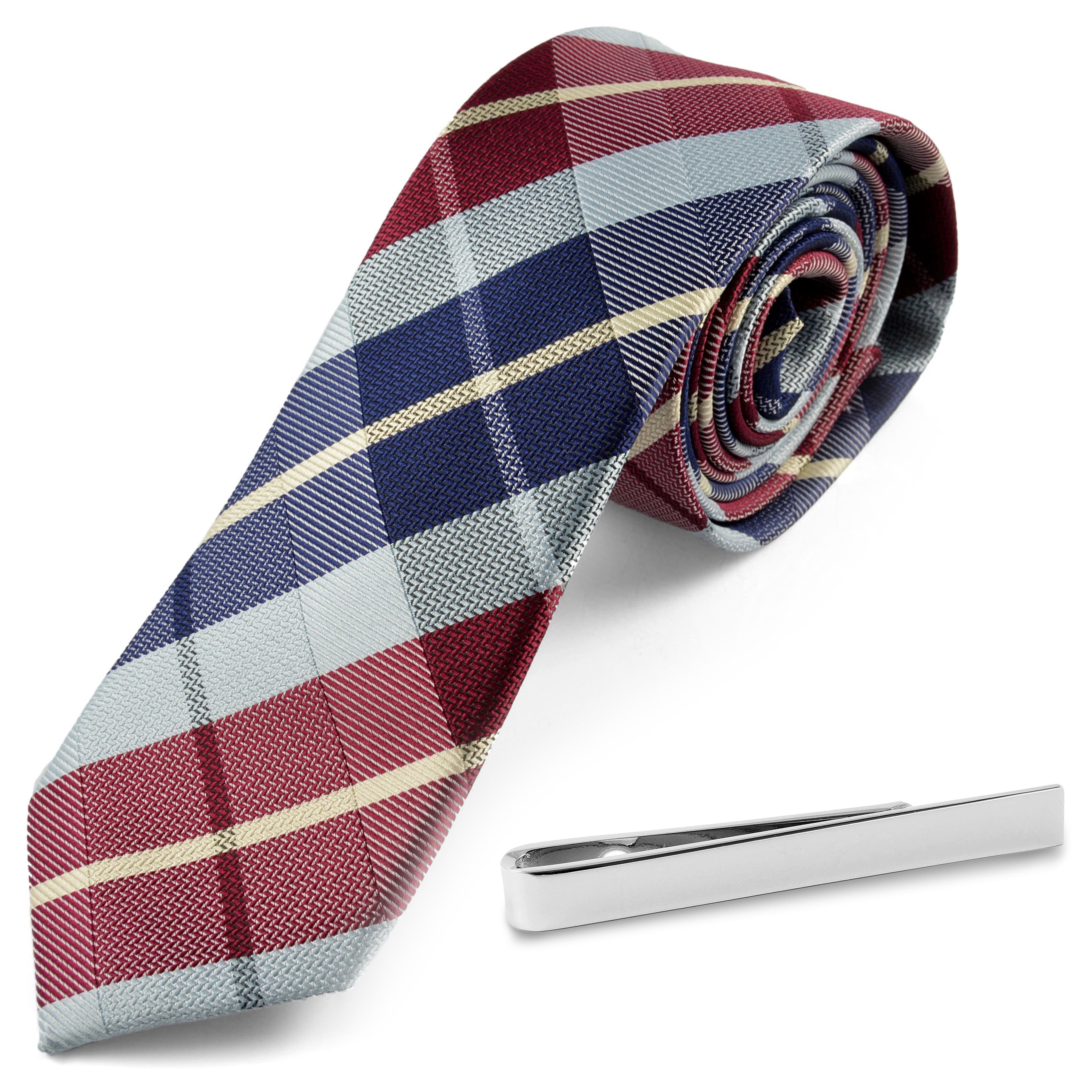 Zestaw krawat w kratkę i srebrzysta spinka do krawata