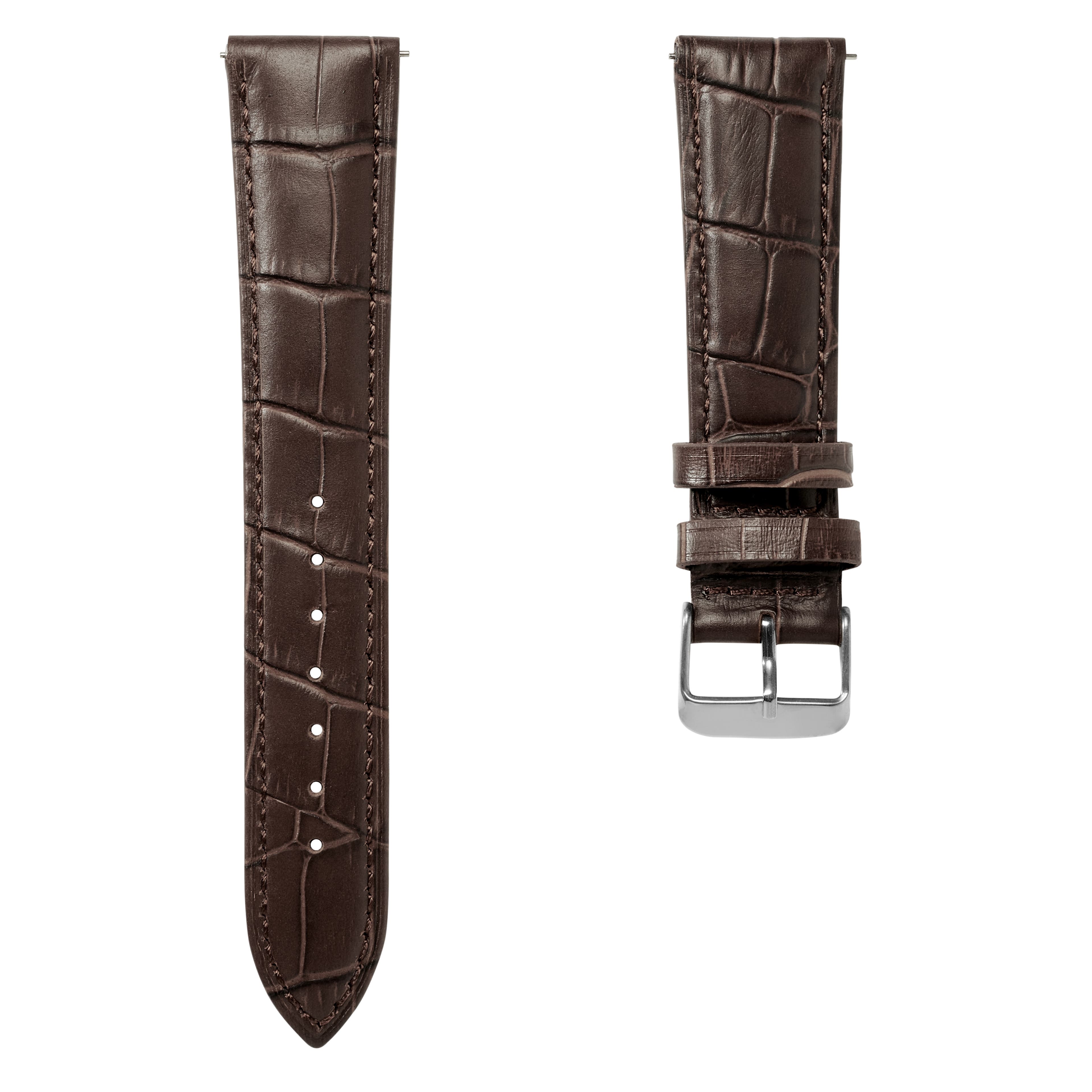 Тъмнокафява кожена каишка с крокодилски шарки, сребриста катарама и пружинни щифтове 24 мм