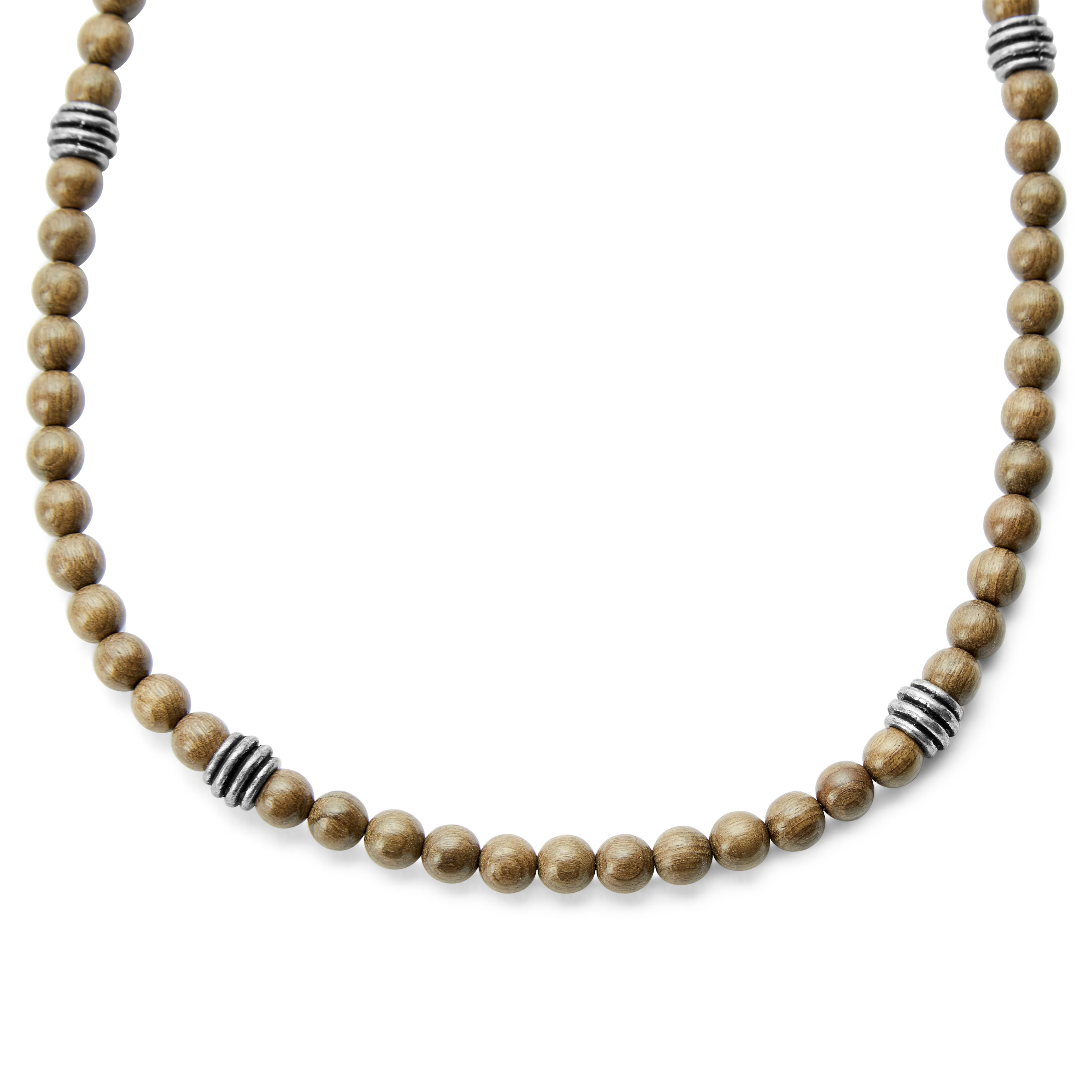 Wave  | Silver-Tone & Natural Wood Surfer Beaded Necklace