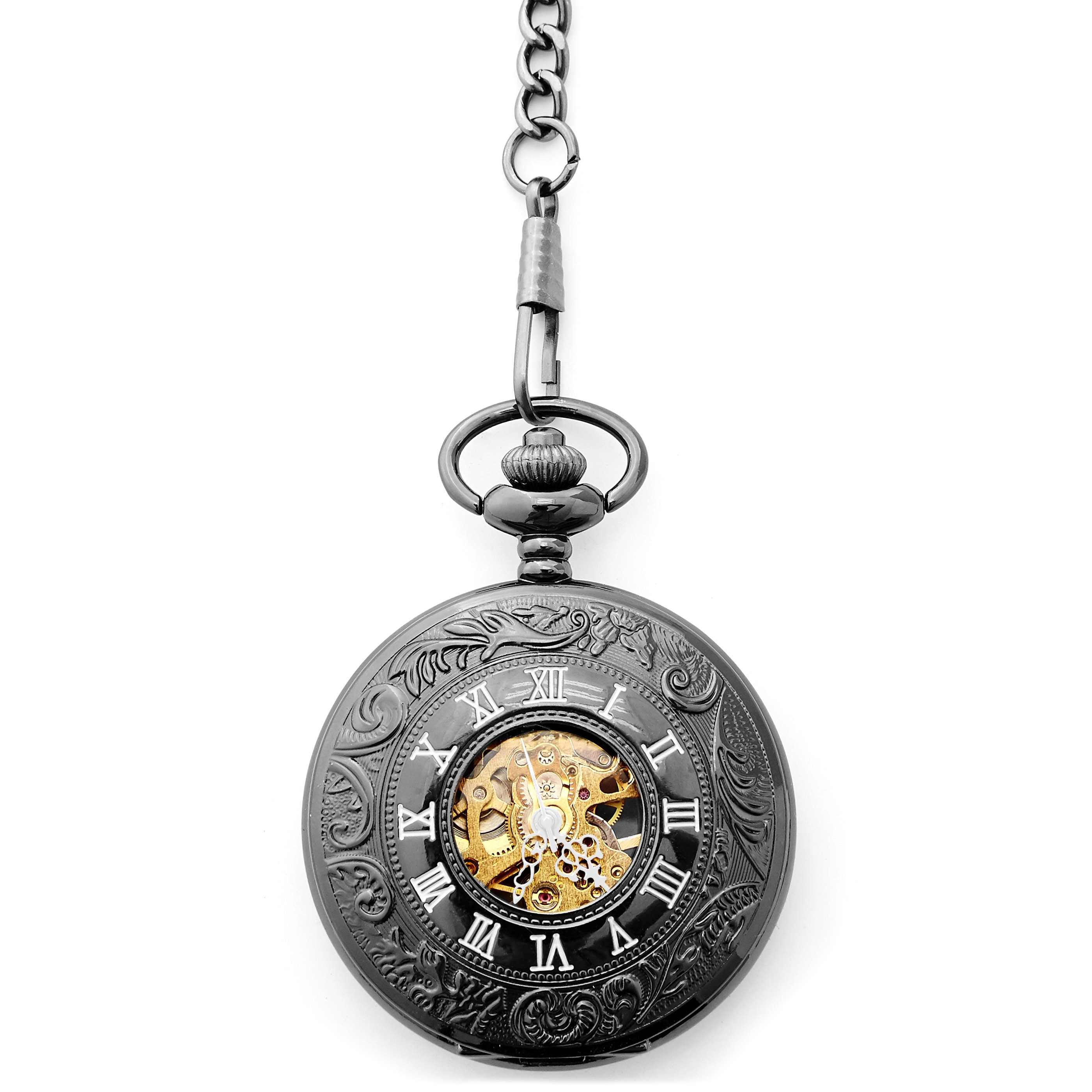 Small Black Ornate Skeleton Pocket Watch With Gold-Tone Movement & Black Cable Chain - 2