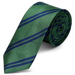Gravata em Seda Verde com Risca Dupla Azul Escura de 6 cm