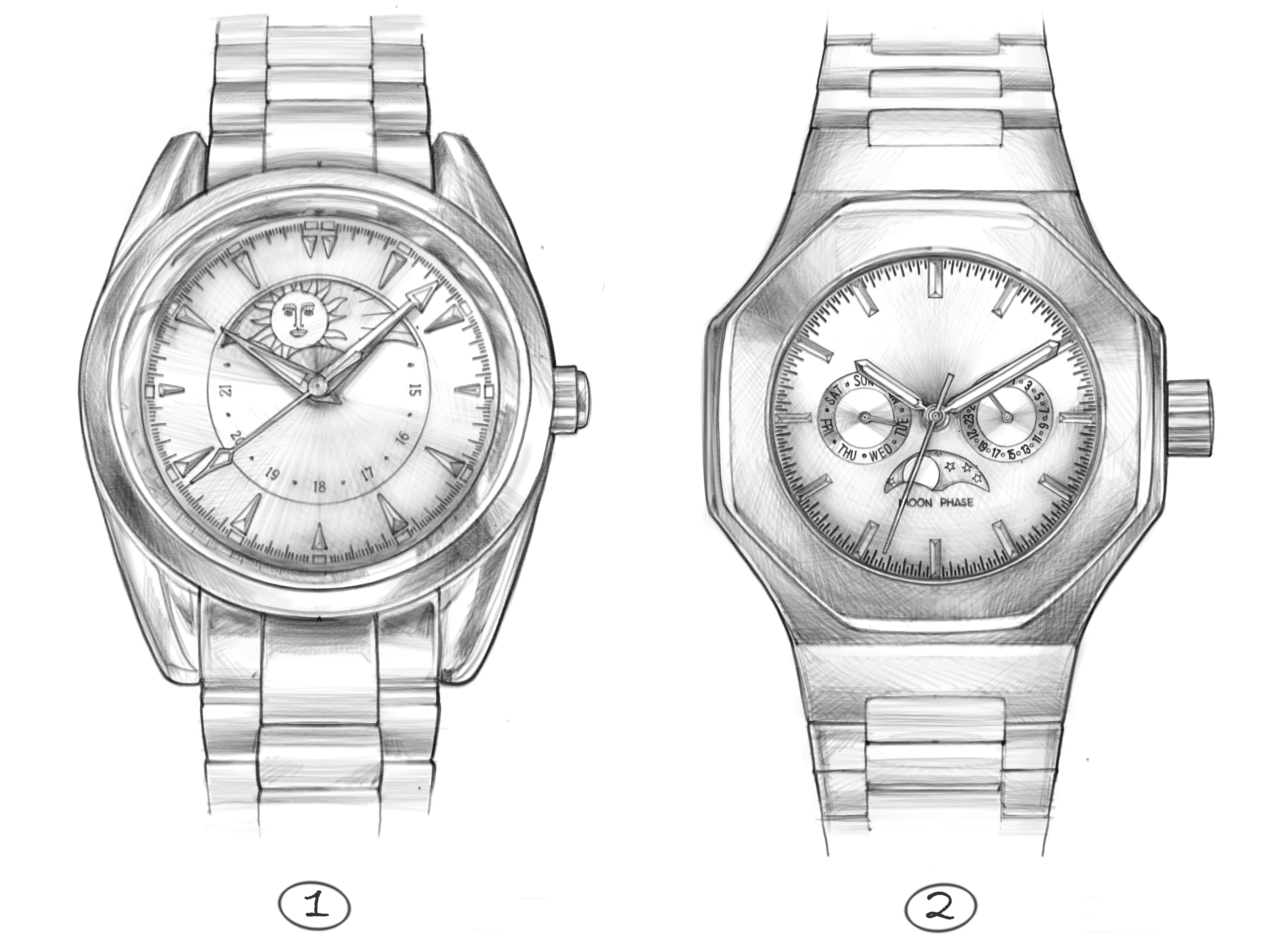 Notice the difference between a sun and moon watch (1) and a moonphase watch (2).