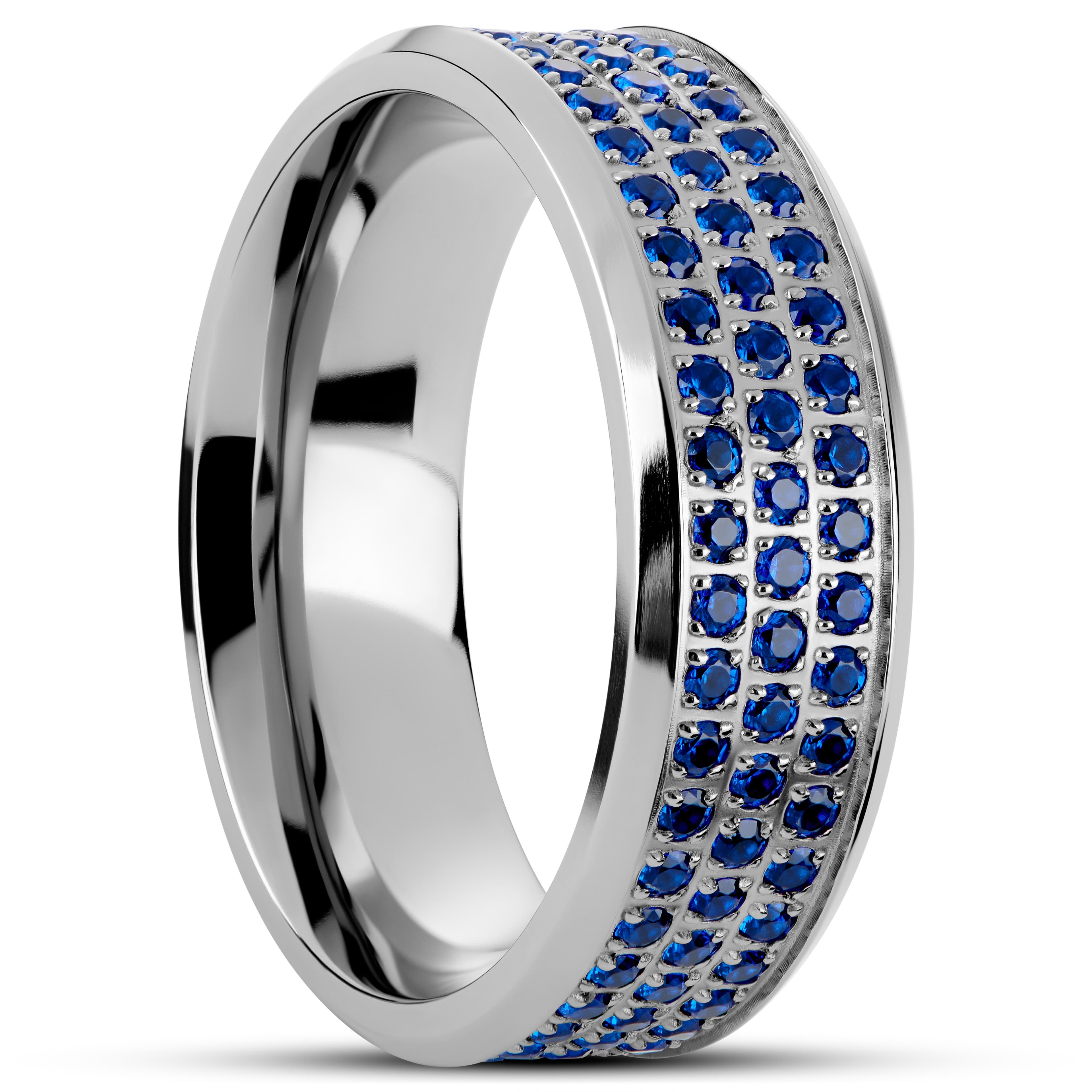 Hyperan | Anillo de titanio plateado con circonitas cúbicas azules de 8 mm 