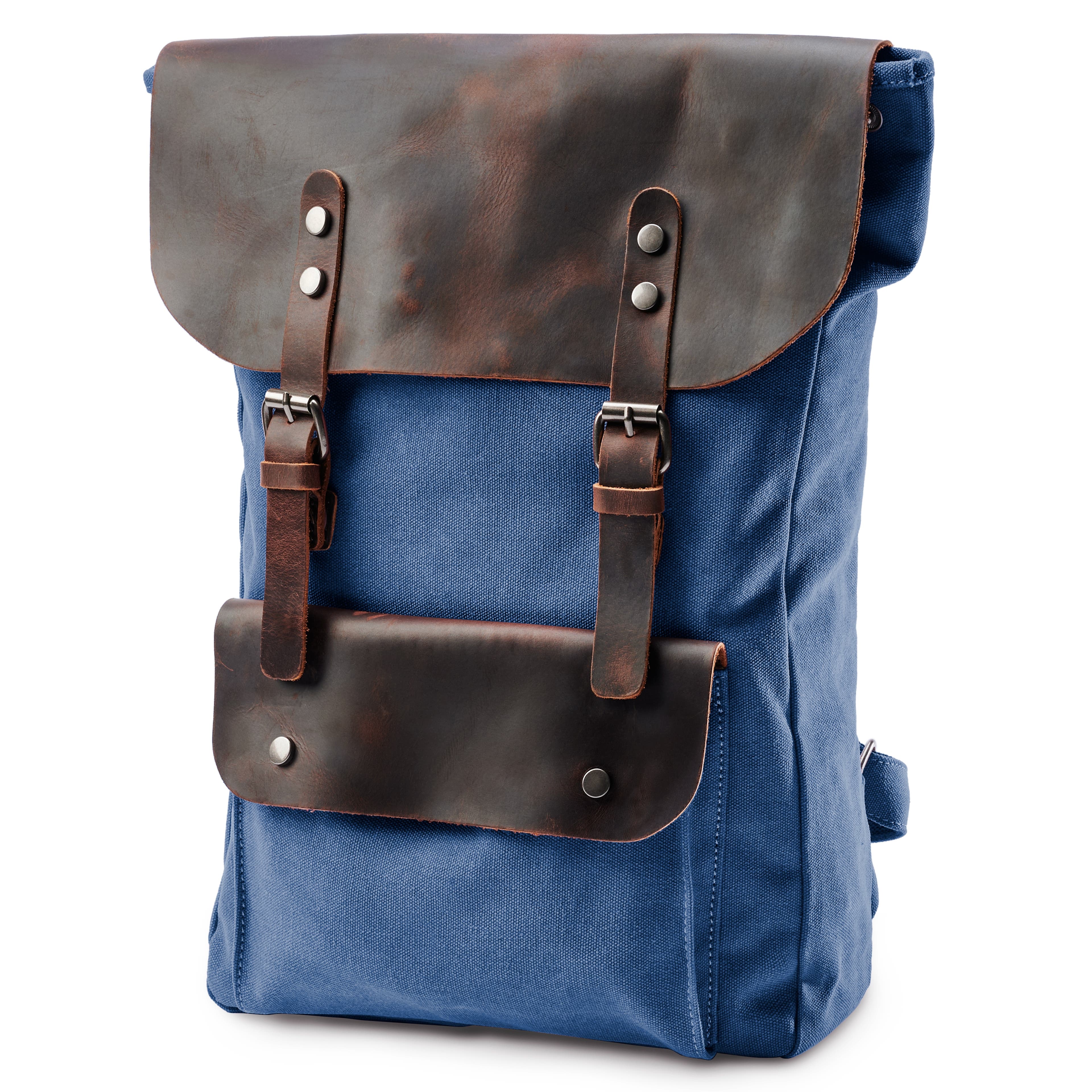 Vintage-Style Navy Blue Leather & Canvas Backpack | In stock! | Delton Bags