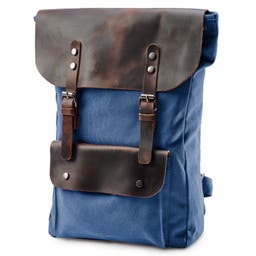 Vintage-Style Navy Blue Leather & Canvas Backpack