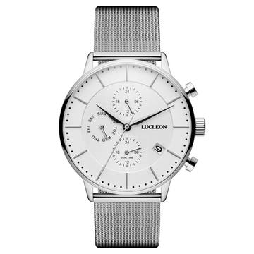 Ternion | Reloj con doble huso horario de acero inoxidable en blanco y plateado