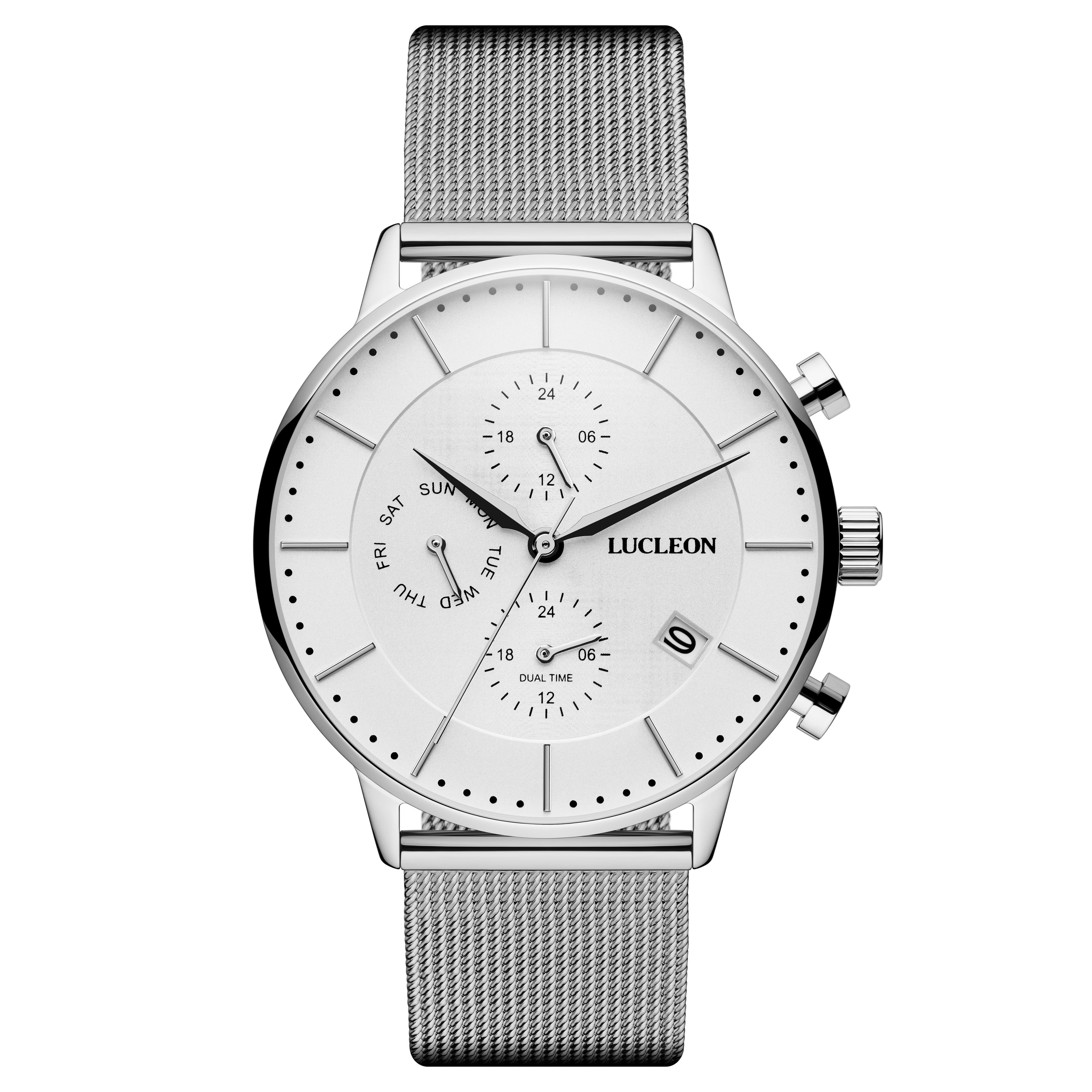 Ternion | Reloj con doble huso horario de acero inoxidable en blanco y plateado