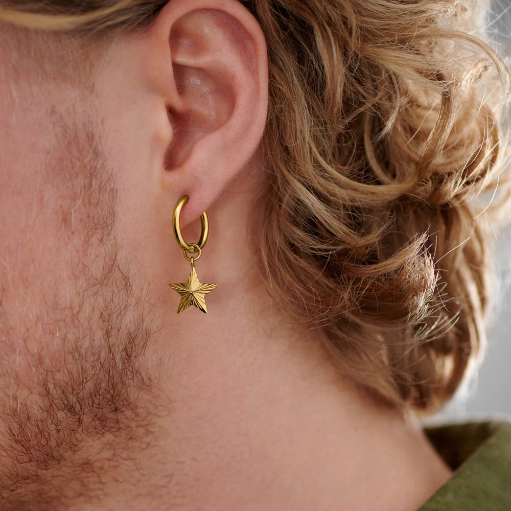 hover: Gold-Tone Steel Drop Hoop Earring with Star Charm hover: Gold-Tone Steel Drop Hoop Earring with Star Charm