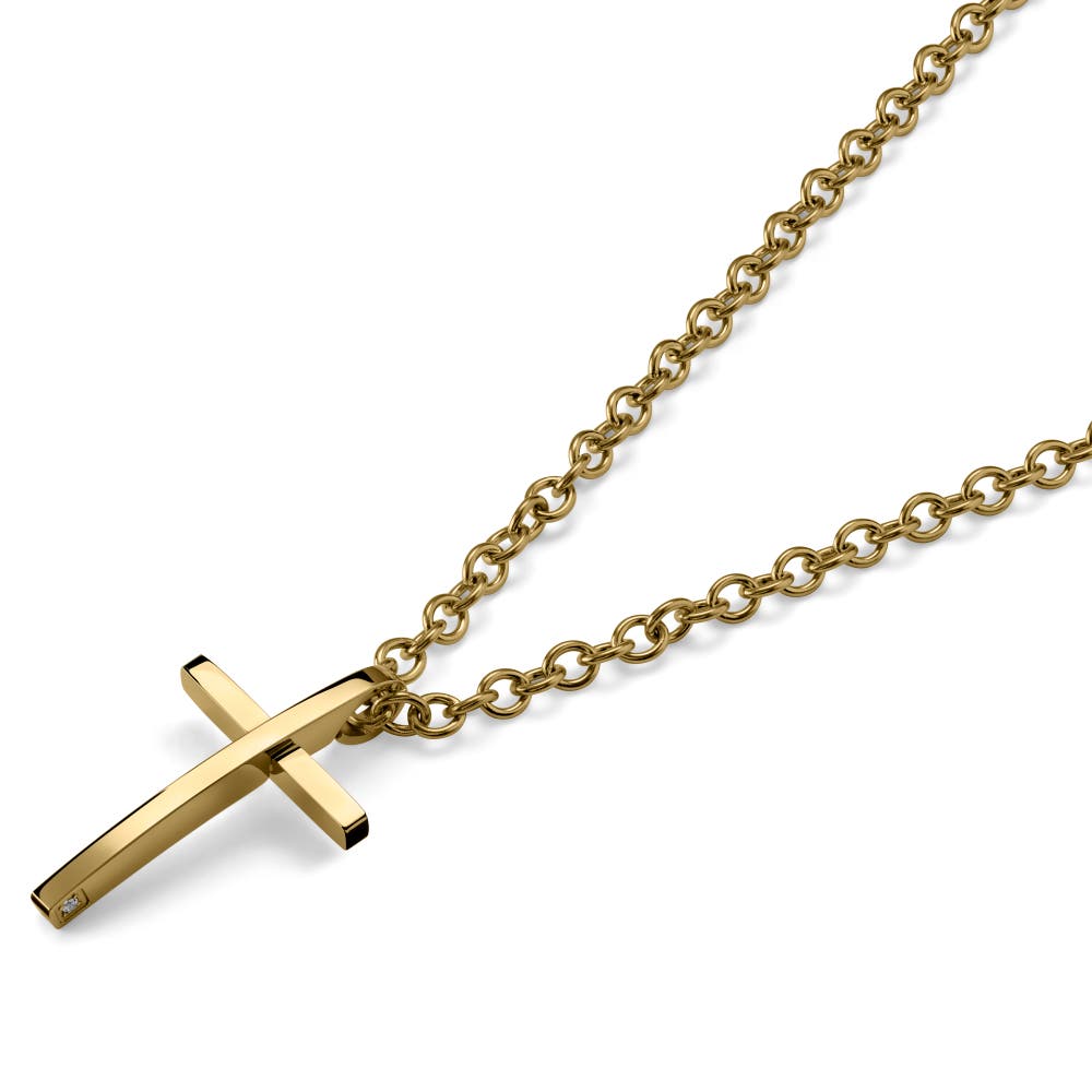 hover: Polished Gold-Tone Steel Cross Necklace hover: Polished Gold-Tone Steel Cross Necklace