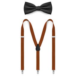 Black Pre-Tied Bow Tie & Brown Braces Set