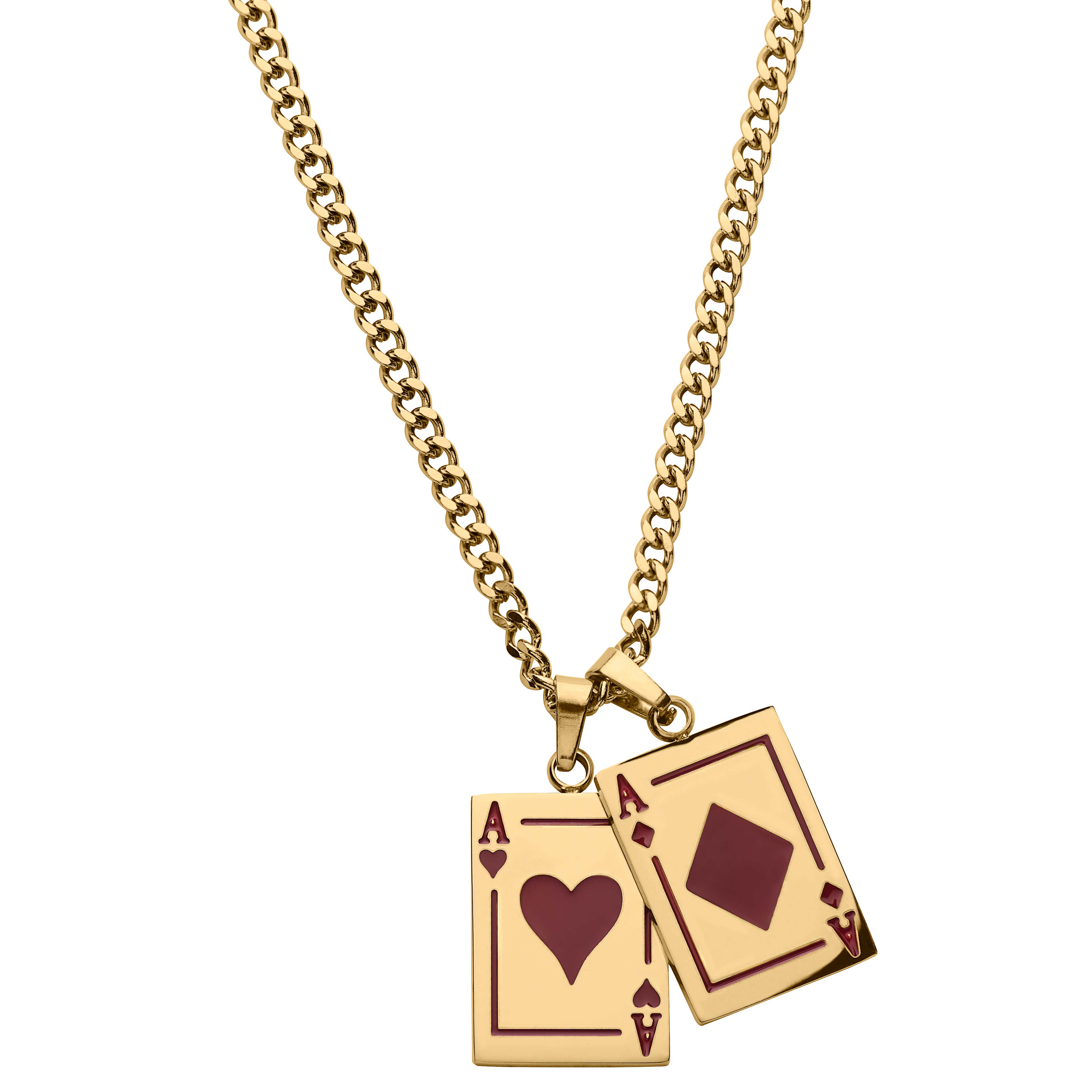 Ace | Goldfarbene Halskette mit zwei Anhängern in Schwarz mit zwei Assen