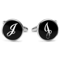 Round Silver-Tone Letter J Initial Cufflinks