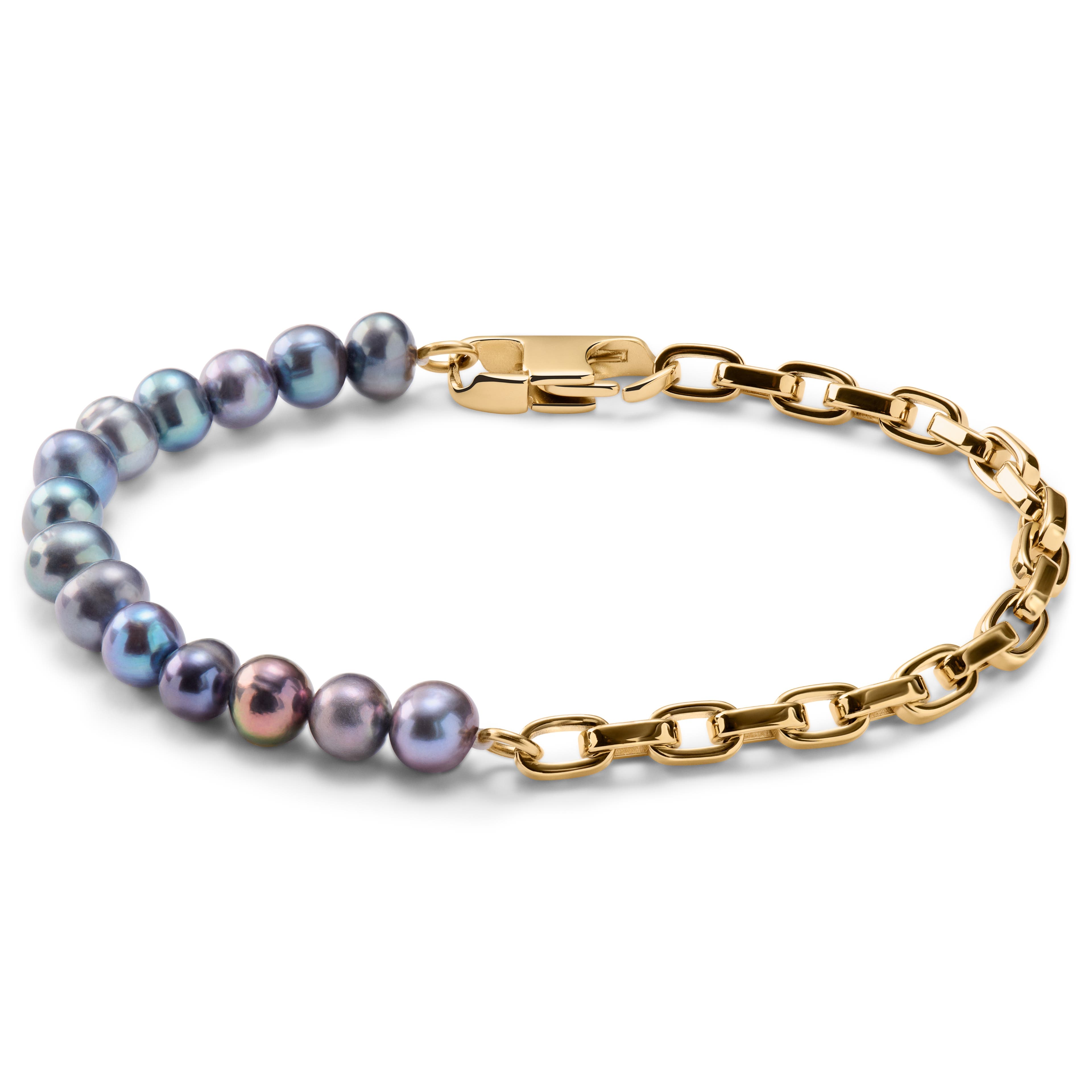 Ocata | Bracelet de chaîne doré et perle noire - ancre