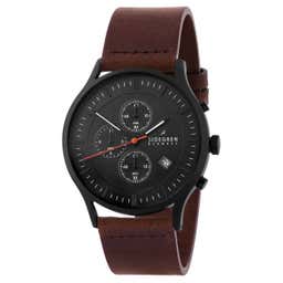 Revil | Black Chronograph Watch With Black Dial & Chocolate Brown Leather Strap