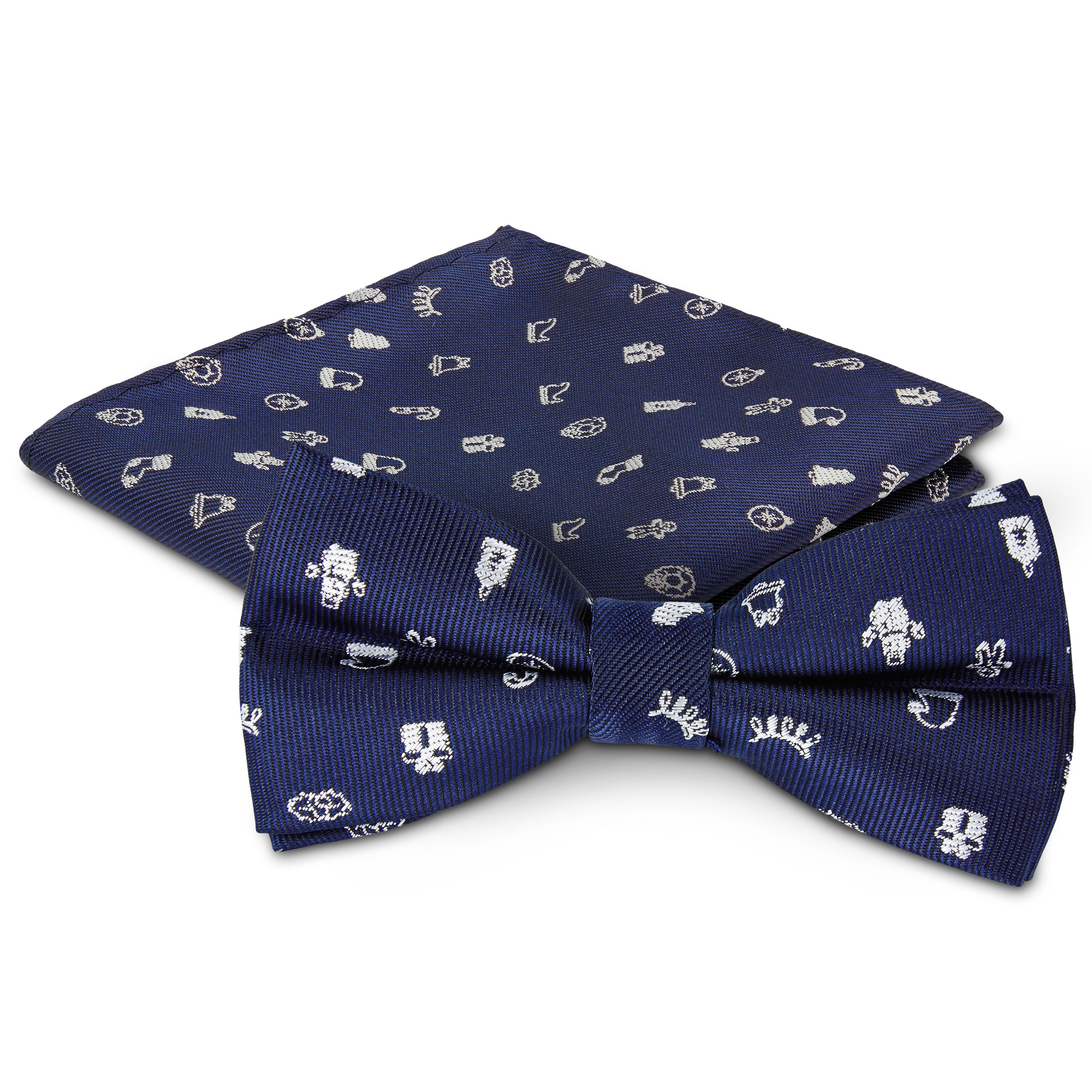 Navy Christmas Pre-Tied Bow Tie and Pocket Square Set