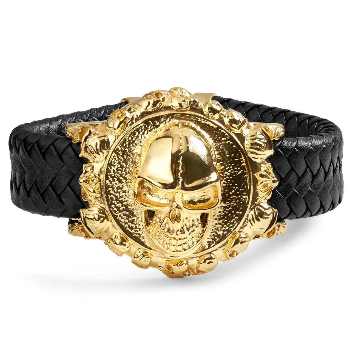 Mgutillart Bracciale Largo In Pelle Con Teschio In Metallo - Stile Punk, Regolabile, 19 Cm