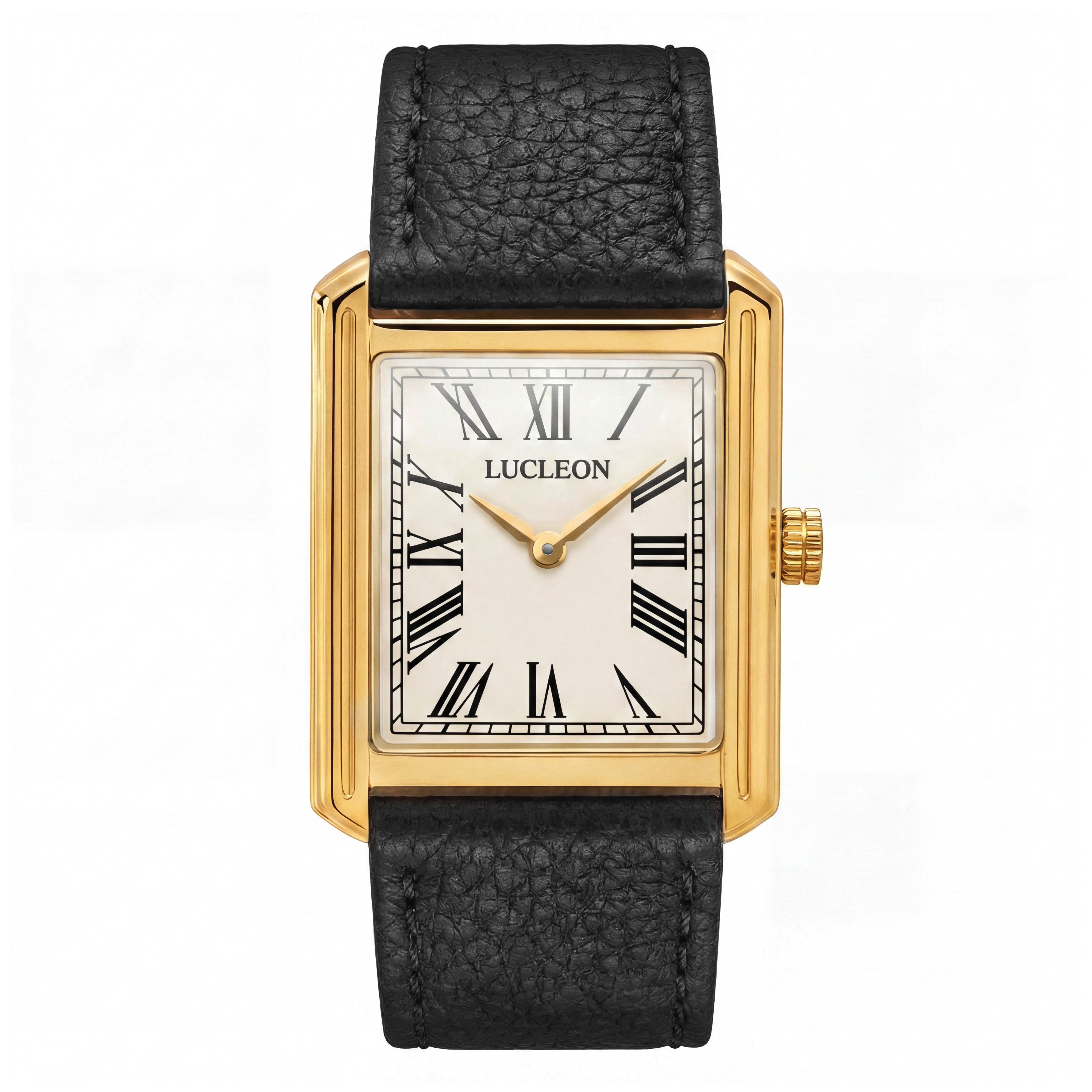 Legacy | Retro Guldtonet Firkantet Ur med Cremefarvet Urskive, Romertal & Sort Læderrem