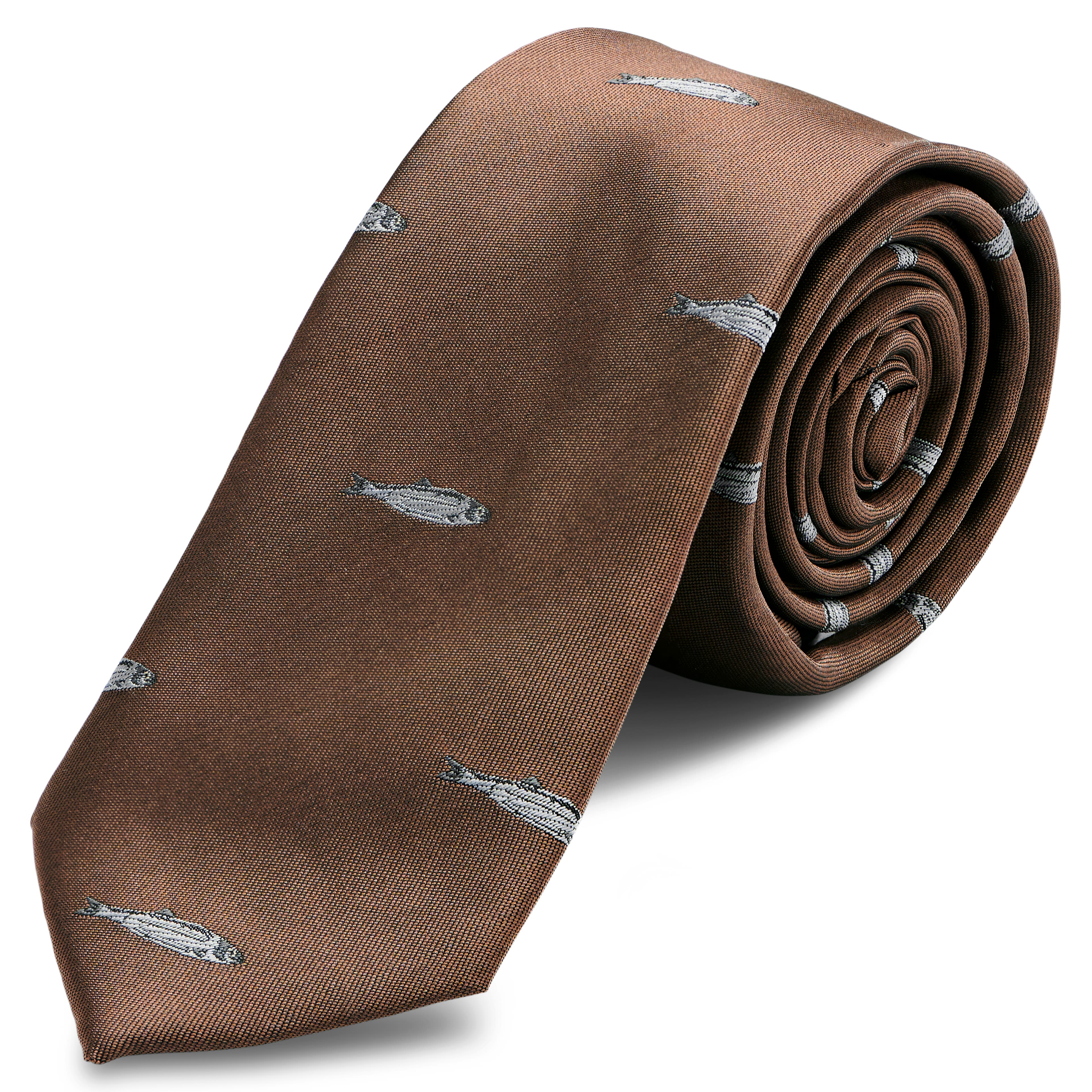 Brown Skinny Tie with Fish